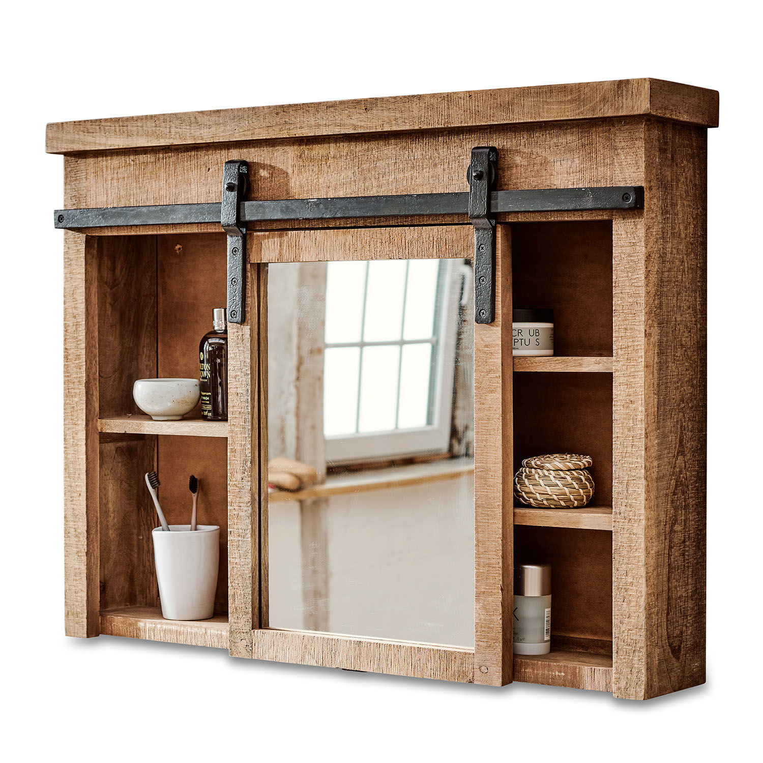 Spiegelschrank Taylors Island Rustikaler Badezimmerschrank aus Holz mit Spiegel und Metallgriff in natürlicher Farbe
