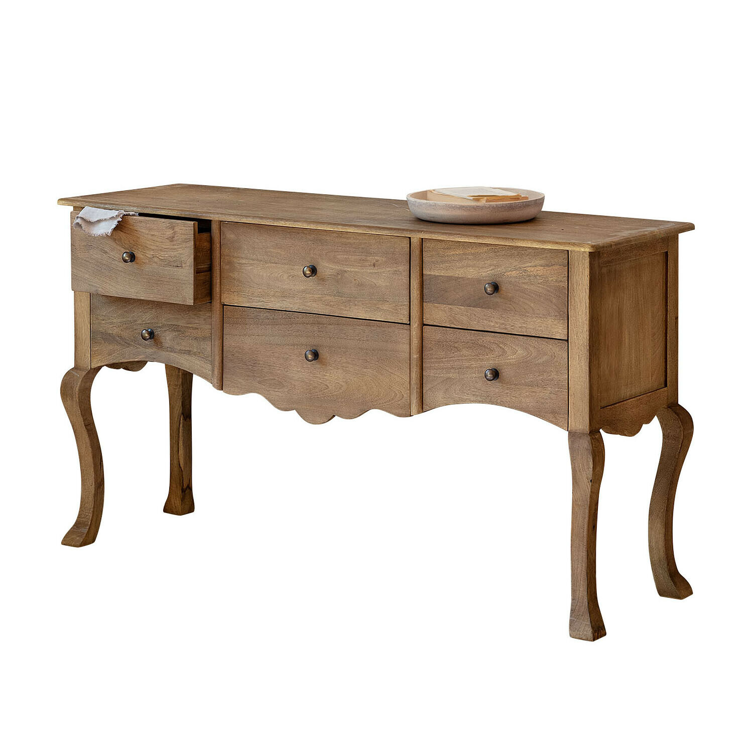 Konsole aus Mangoholz in Natur mit fünf Schubladen und dekorativ geschwungenen Beinen