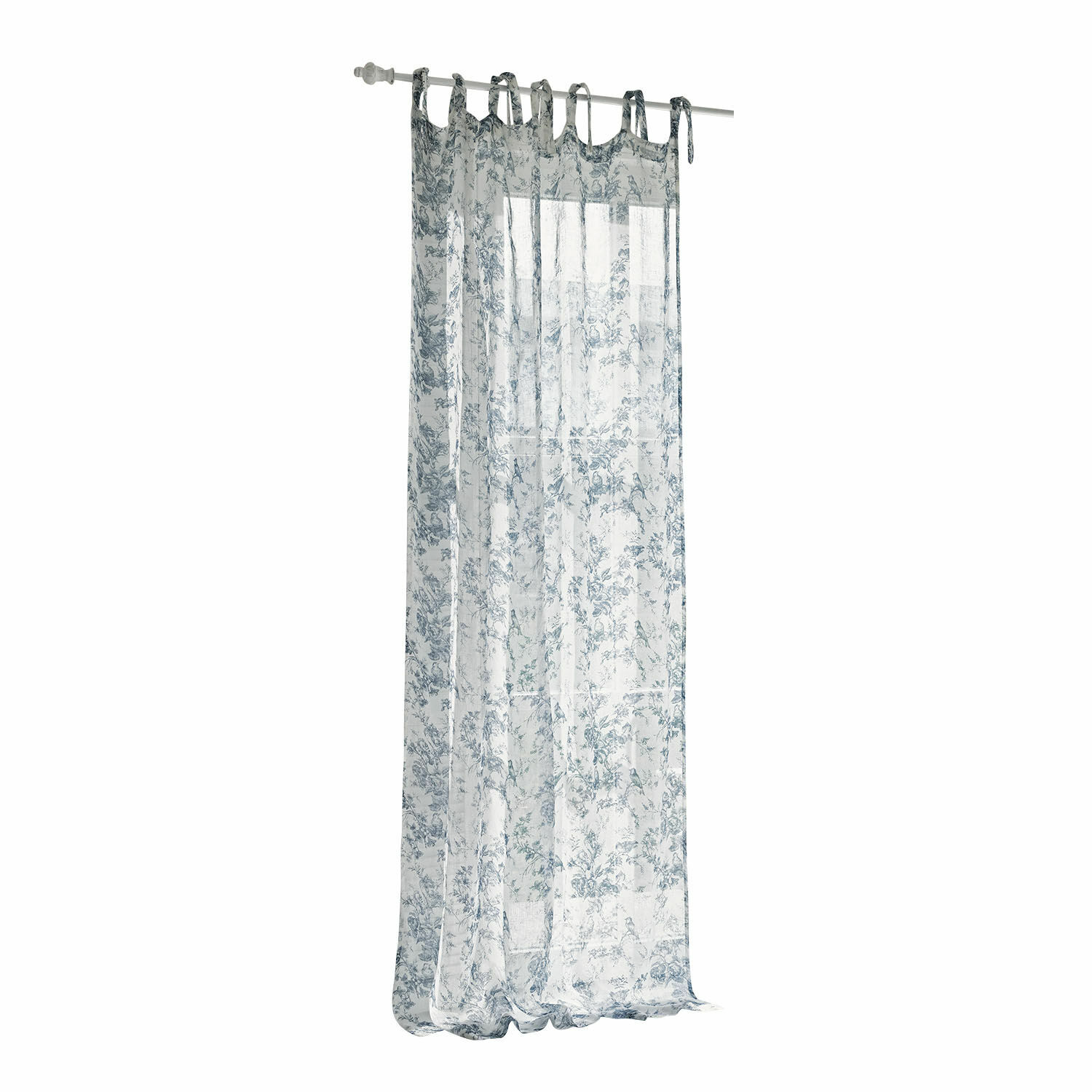 Gardine Emilie Transparenter Vorhang mit blauem Blumenmuster auf weißem Stoff, leichter Dekostoff