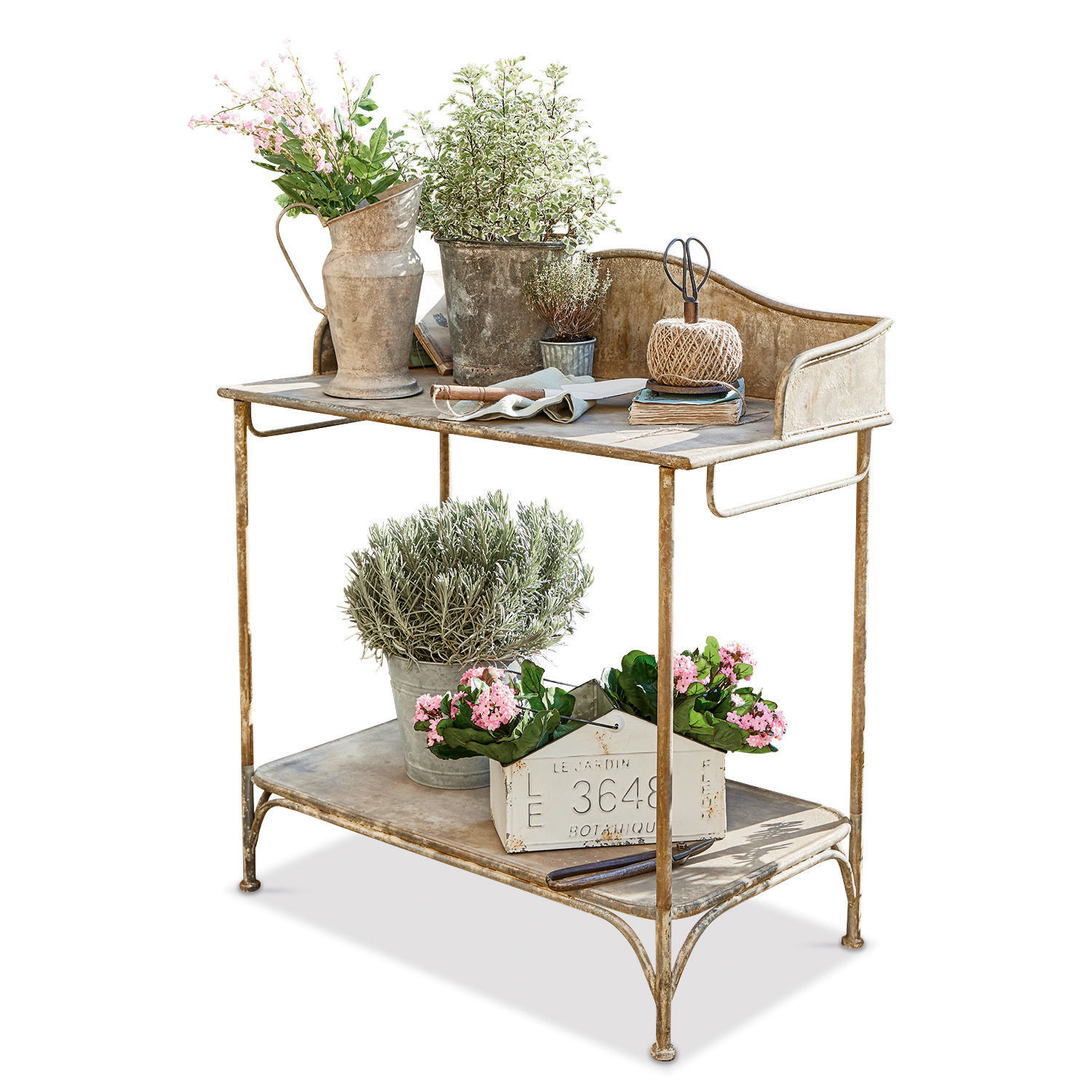 Pflanztisch Banners Vintage Metall-Gartentisch in Beige mit Blumentöpfen und Gartengeräten als Dekoration