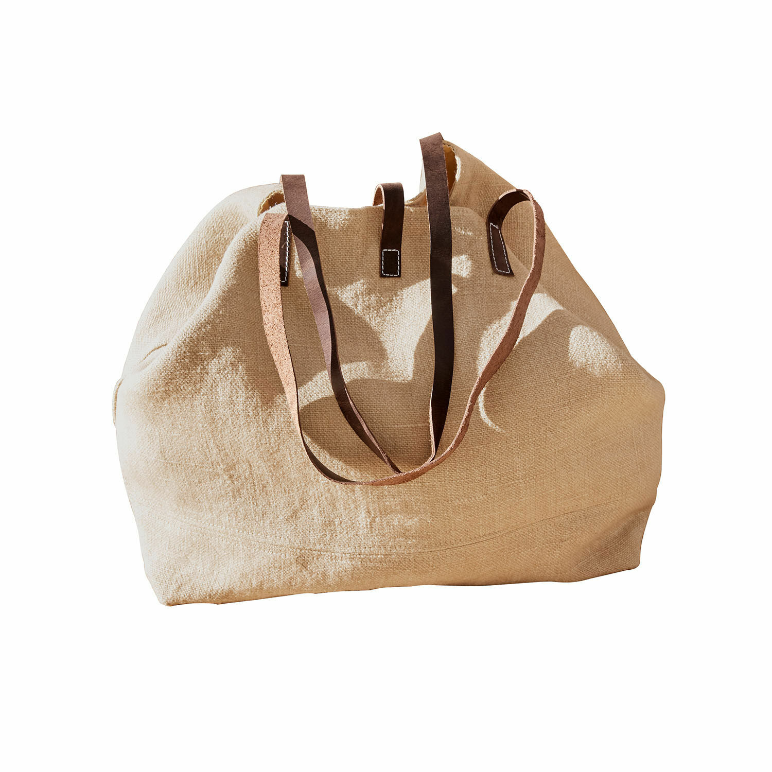 Tasche Morentina Große Tasche aus beigem Canvas mit braunen Ledergriffen, praktische Einkaufstasche