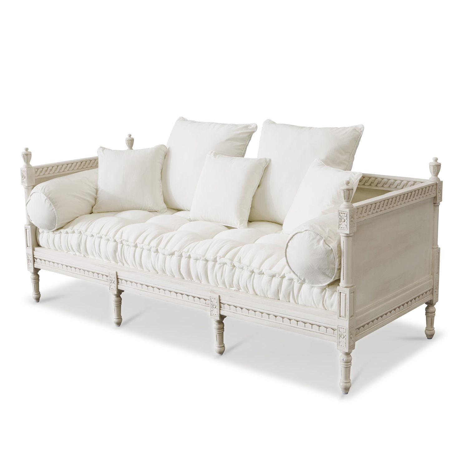 antikweiß Sofa Douville aus antikweißem Holz mit weichen Kissen, elegantes Wohnzimmermöbel