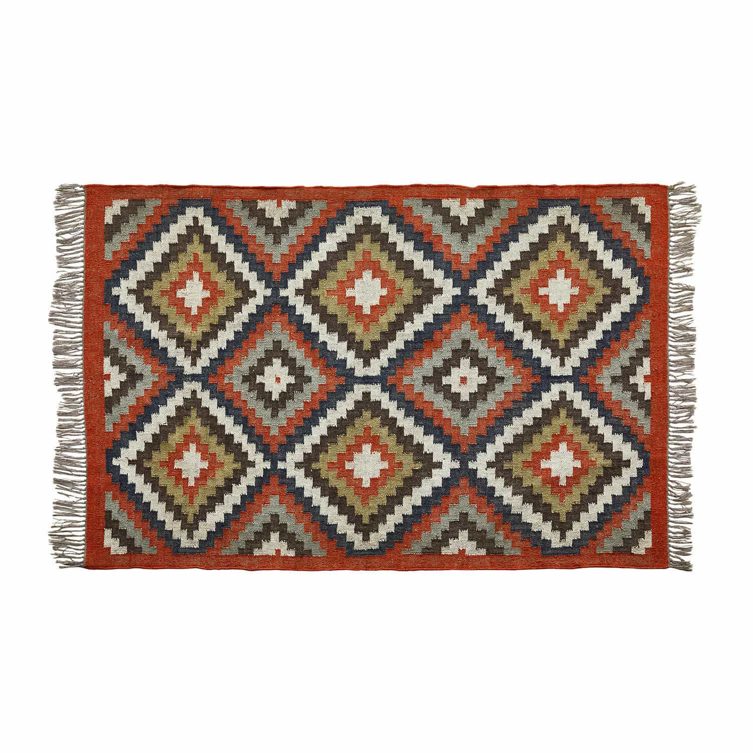 Teppich Dailies Teppich mit geometrischem Muster in Rot, Grün und Beige mit Fransen an den Seiten