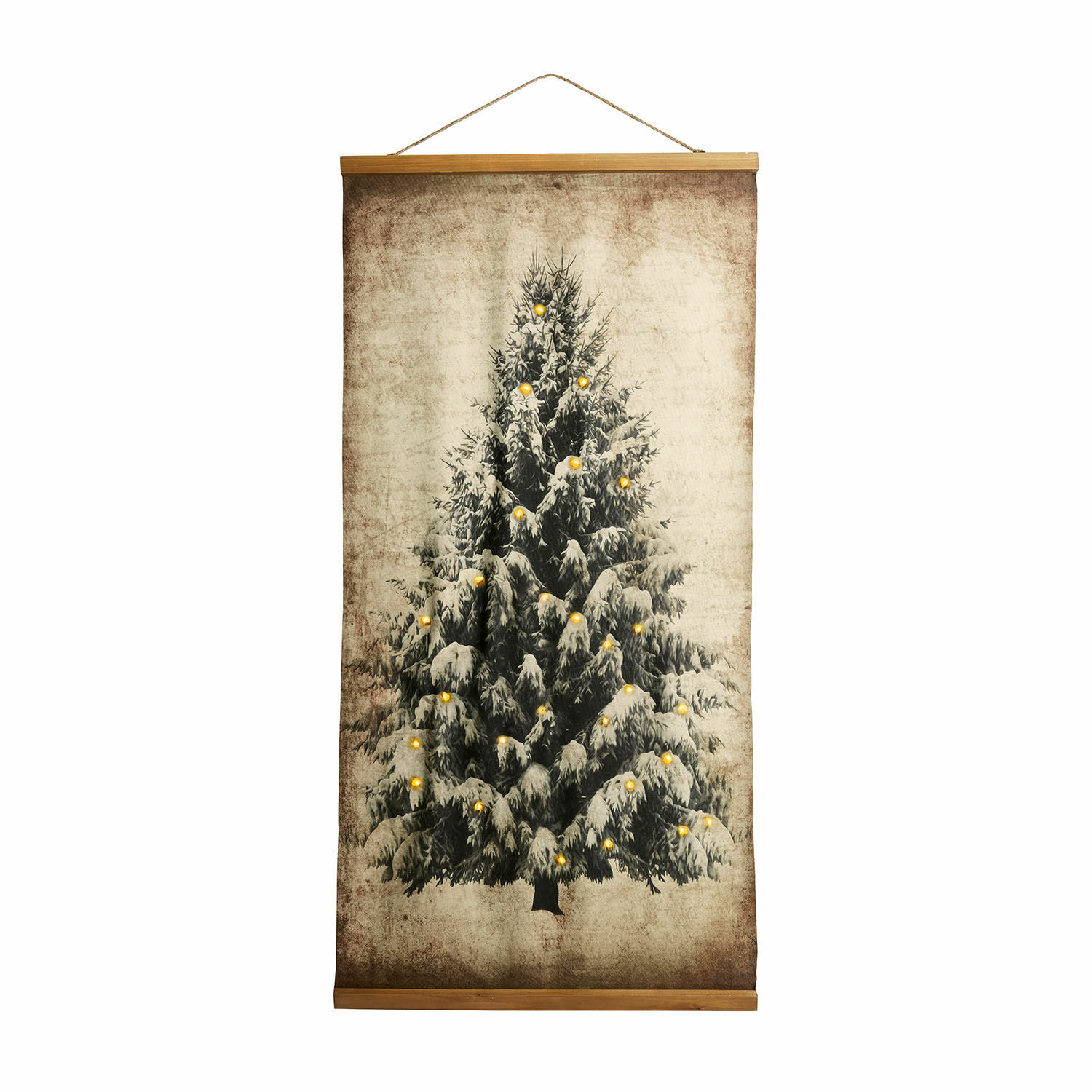 Bild mit LED Gussers Wandbild mit Tannenbaum und gelben Lichtern auf beigem Stoffhintergrund, Dekoration