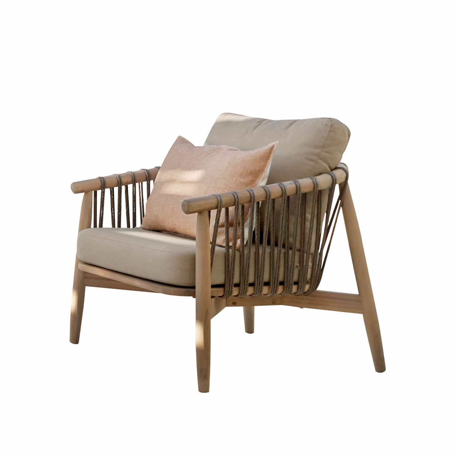 Sessel FSC®-100% Thornwick Sessel aus Holz und Seil mit beigen Kissen, moderner Lounge-Möbel für Wohnzimmer