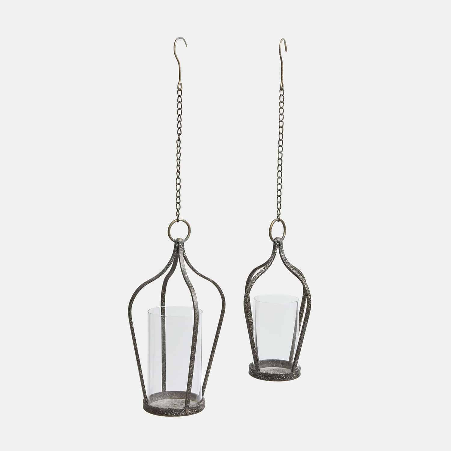 Hängelaterne 2er Set Mikella Hängender Metall-Lampion in Schwarz mit klarem Glas und weißer Kerze für Wohnraumdeko