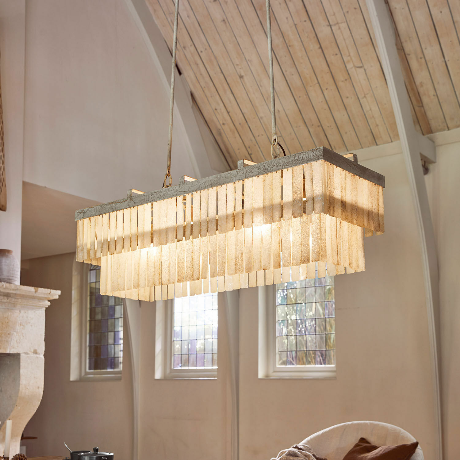 Leuchter Krauville Hängelampe aus beigem Stein mit rechteckigen Platten, dekorative Deckenleuchte für Wohnzimmer