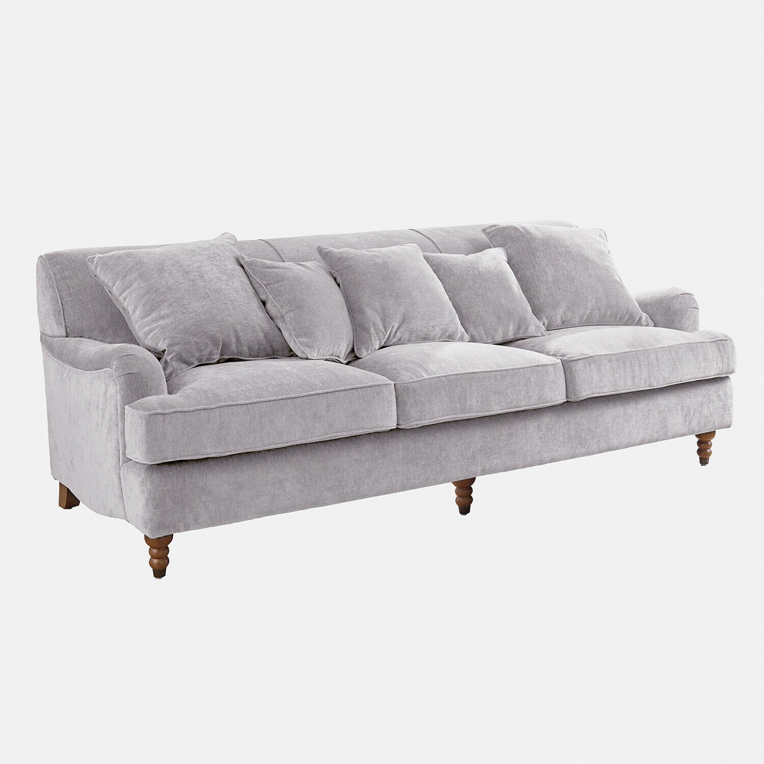 Sofa Isa Großes Sofa aus weichem grauem Stoff mit Kissen und Holzbeinen, bequemes Wohnzimmermöbel