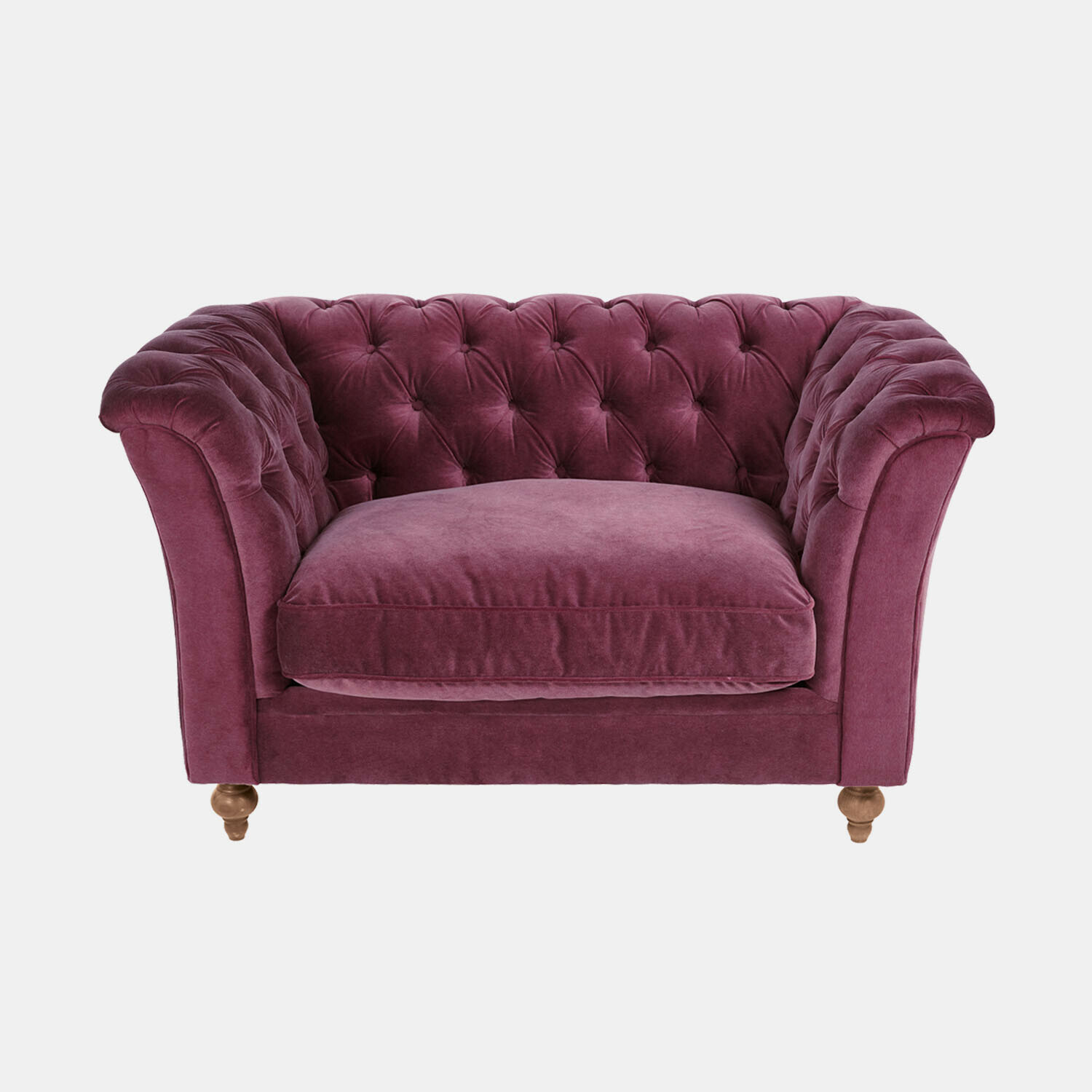 lila Lila Samtsofa mit gesteppter Rückenlehne und Holzbeinen, bequemes Wohnzimmermöbel