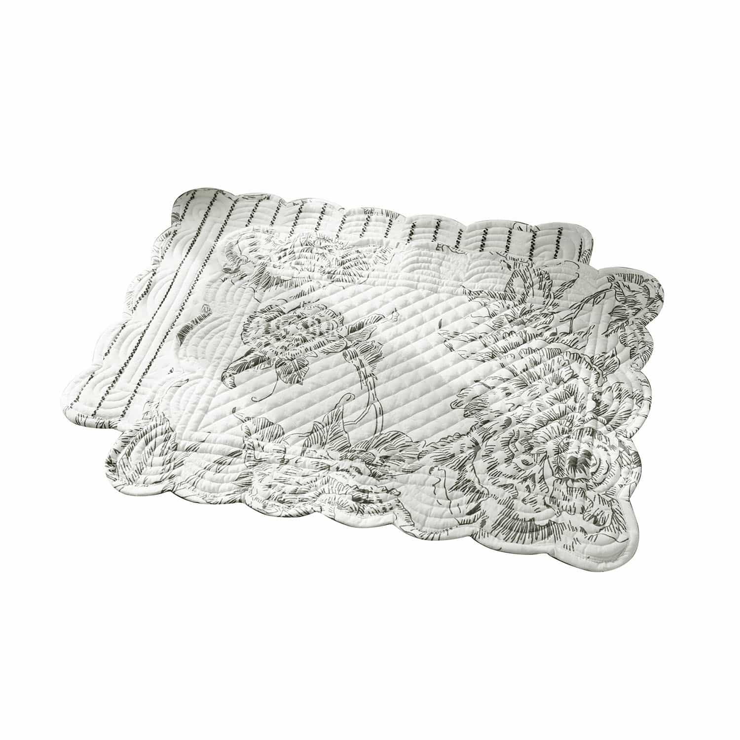 Platzset 2er Set Calarion Weiße gesteppte Tischunterlage mit schwarzem Blumenmuster und wellenförmigen Rändern für Dekor