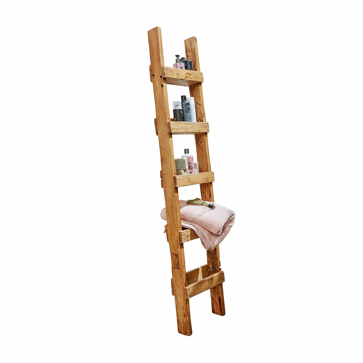 Treppenregal Fresollier Dekorative Holzleiter in Naturfarbe mit Ablagen für Handtücher und Badutensilien