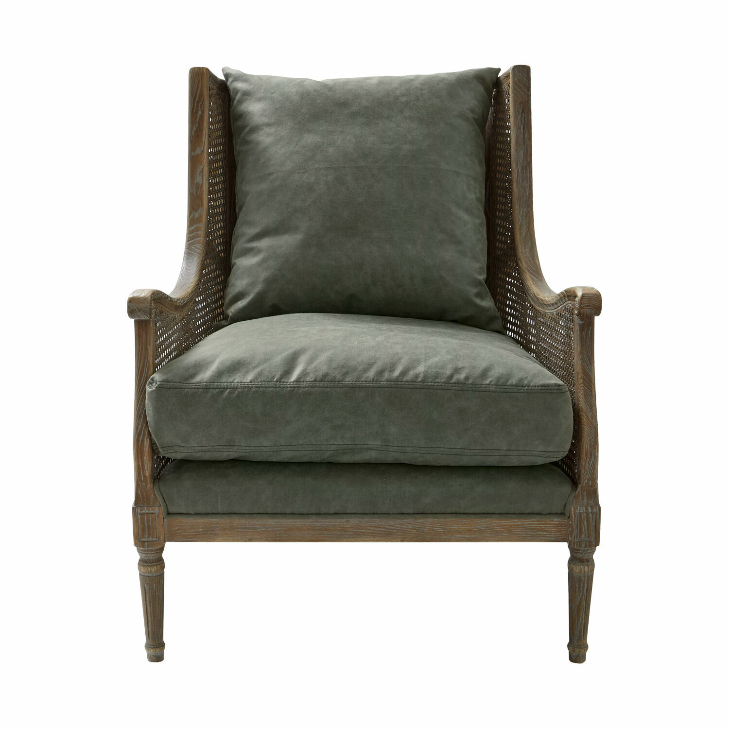 antikbraun/grün Greenbrier Sessel mit grauem Stoffbezug und Holzrahmen mit durchbrochenen Seiten, Vintage-Stil