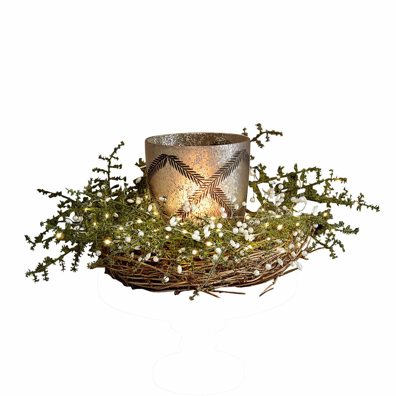 Kranz Helvique Glas-Teelichthalter mit Blattmotiv auf einem Weidenkranz mit grünen Zweigen und weißen Beeren