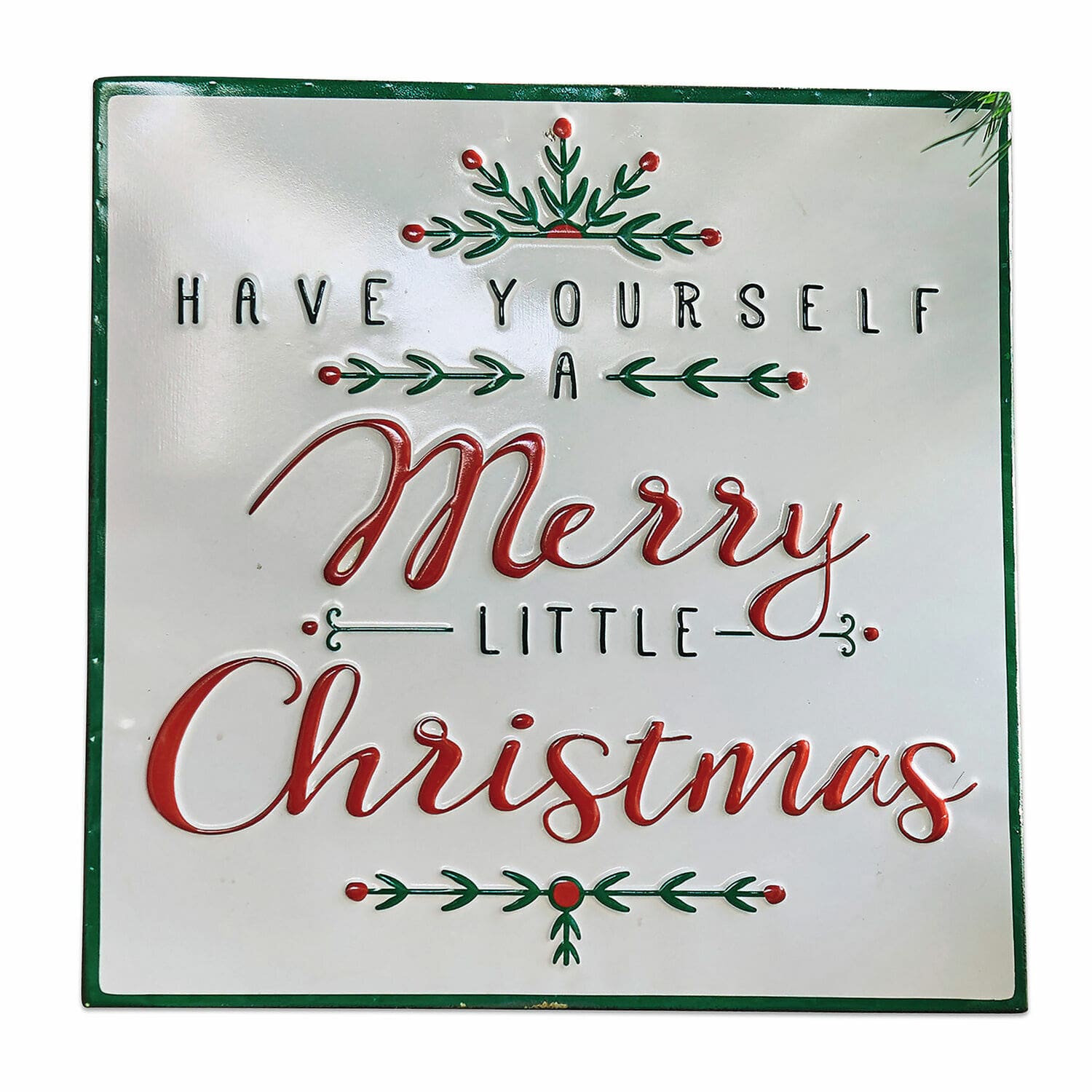 Deko-Schild Merry Merry Metall-Weihnachtsdekoration mit Schriftzug Merry Christmas in Rot und Grün auf weißem Hintergrund