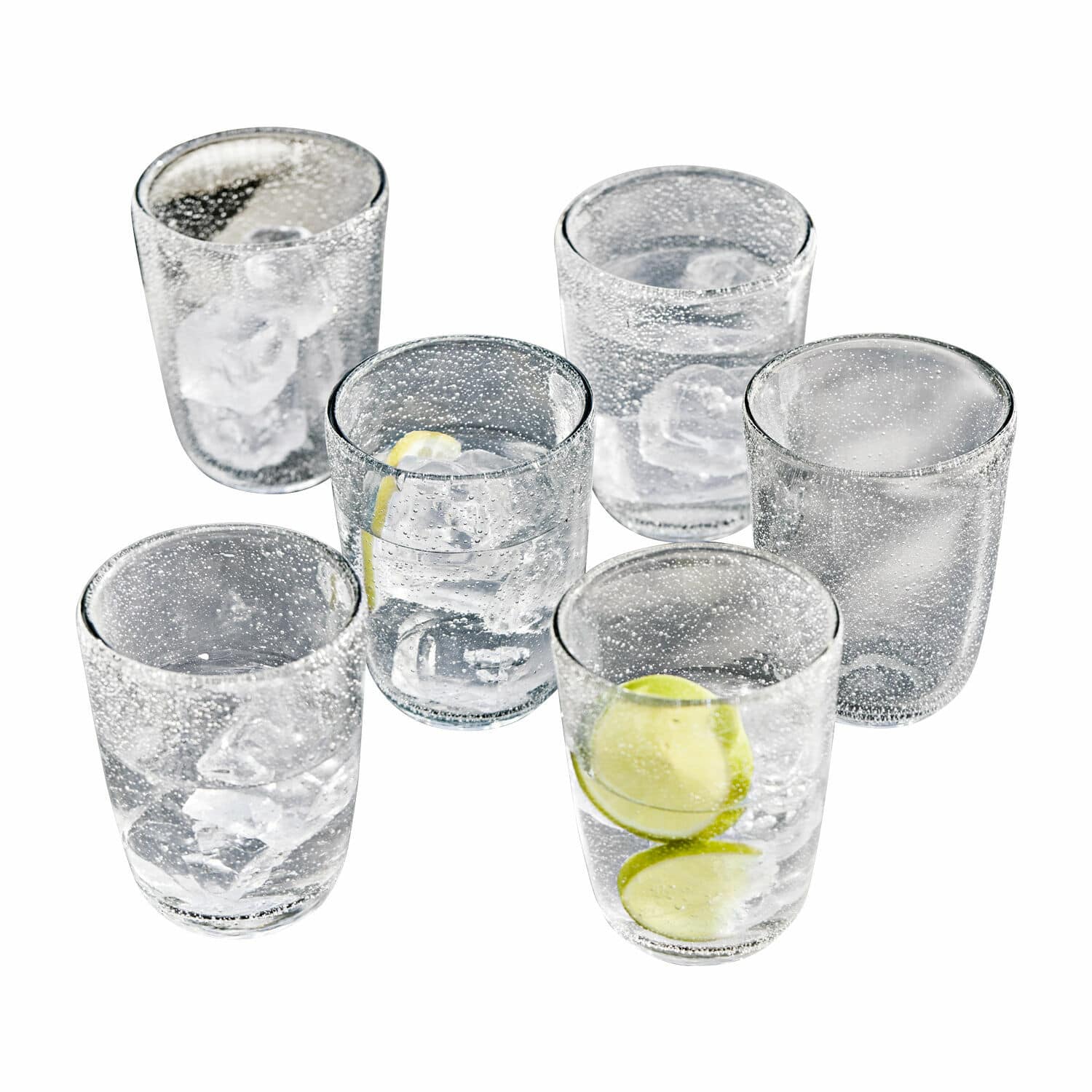 Glas 6er Set Parilly Sechsteiliges Set Gläser aus geblasenem Glas mit Eiswürfeln und Zitronenscheiben für Getränke.