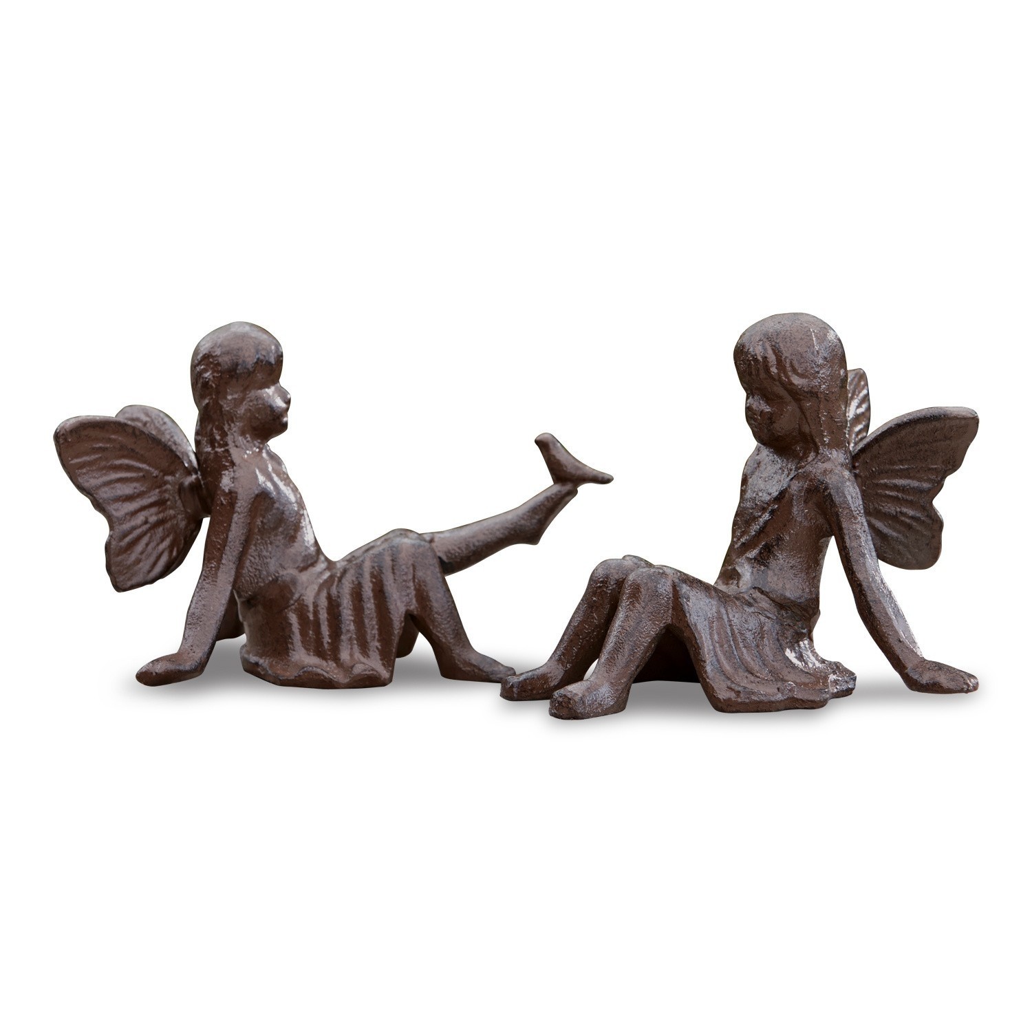 Deko-Figur 2er Set Papille Zwei braune Metall-Fee-Figuren in sitzender Position als Gartendekoration