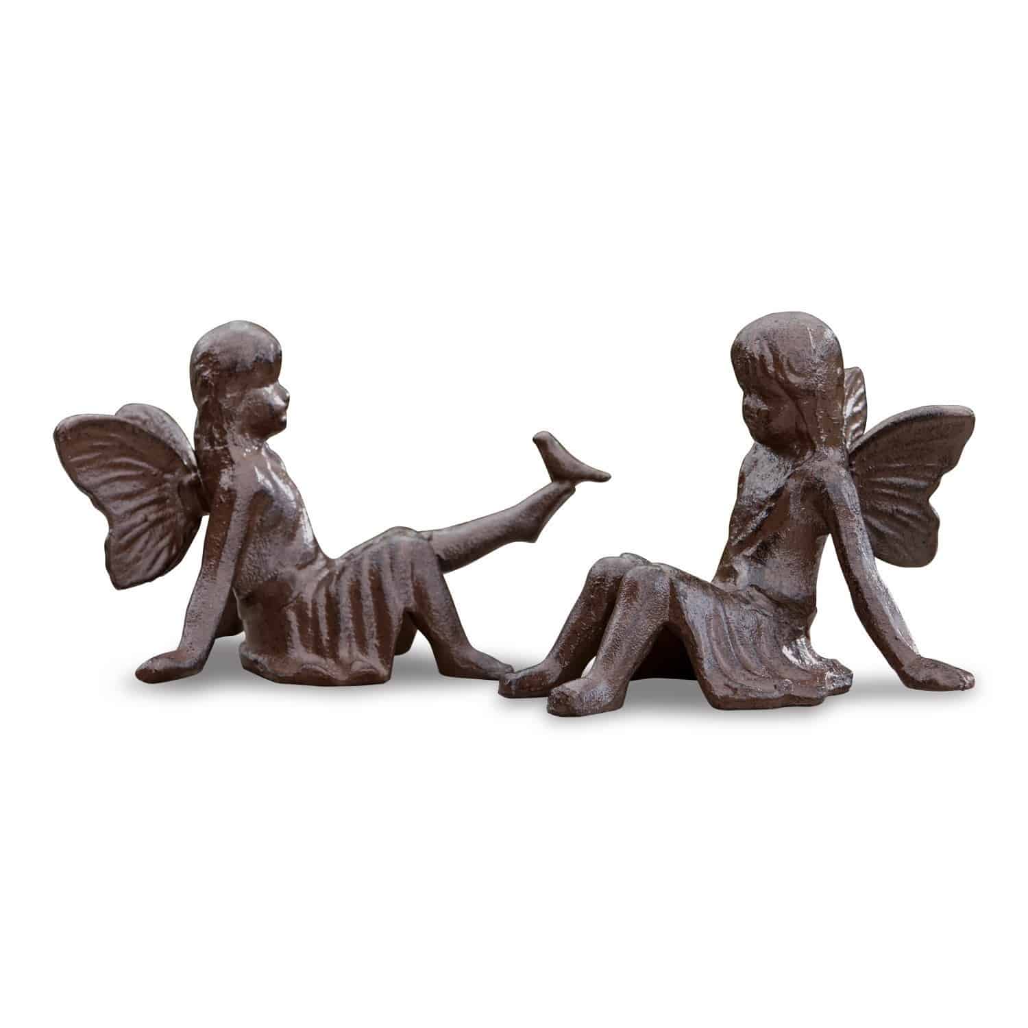Deko-Figur 2er Set Papille Zwei braune Metall-Fee-Figuren in sitzender Position als Gartendekoration