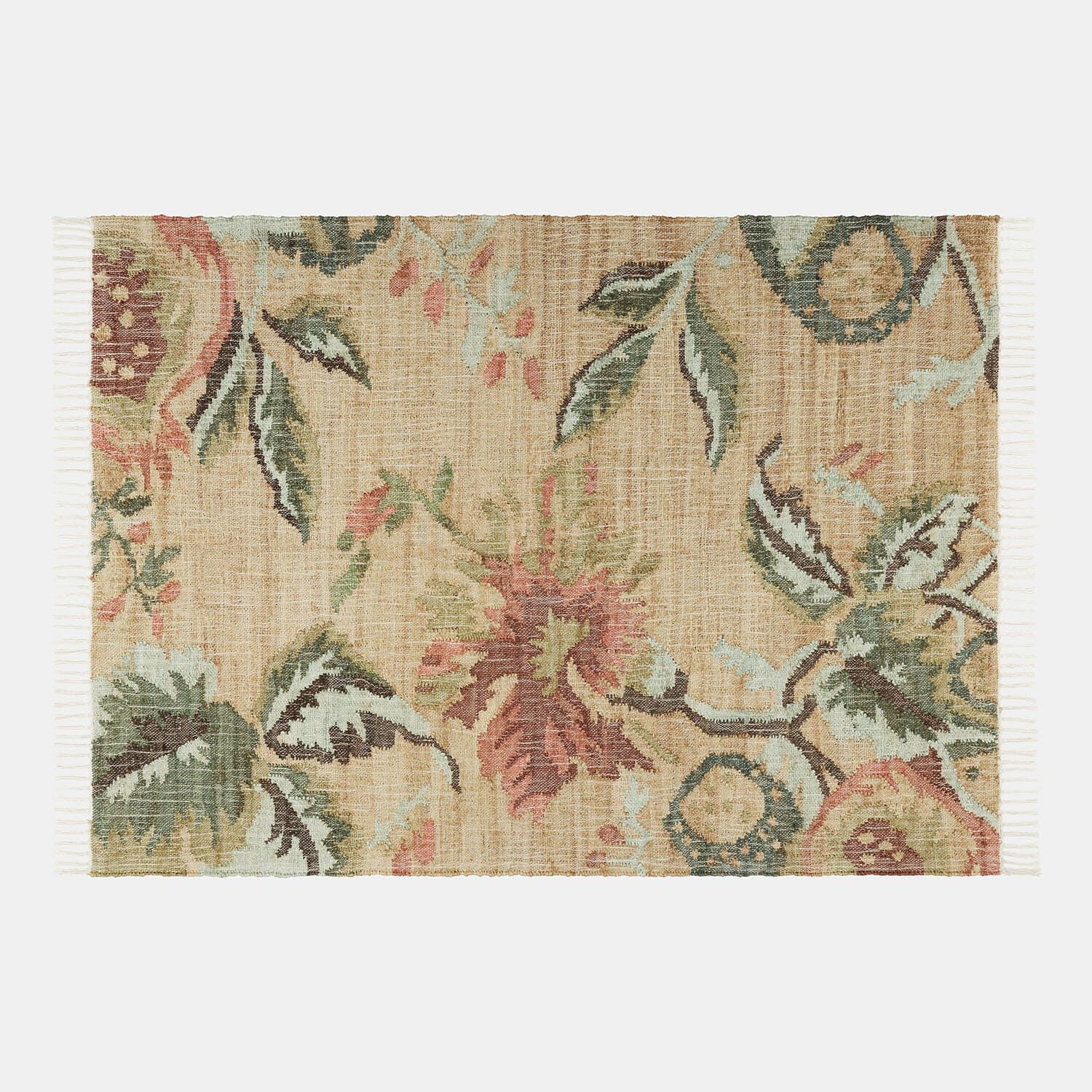 Teppich Lorviano Teppich aus Naturmaterial in Beige mit floralem Muster in Grün und Rot, stilvolle Wohnraumdekoration