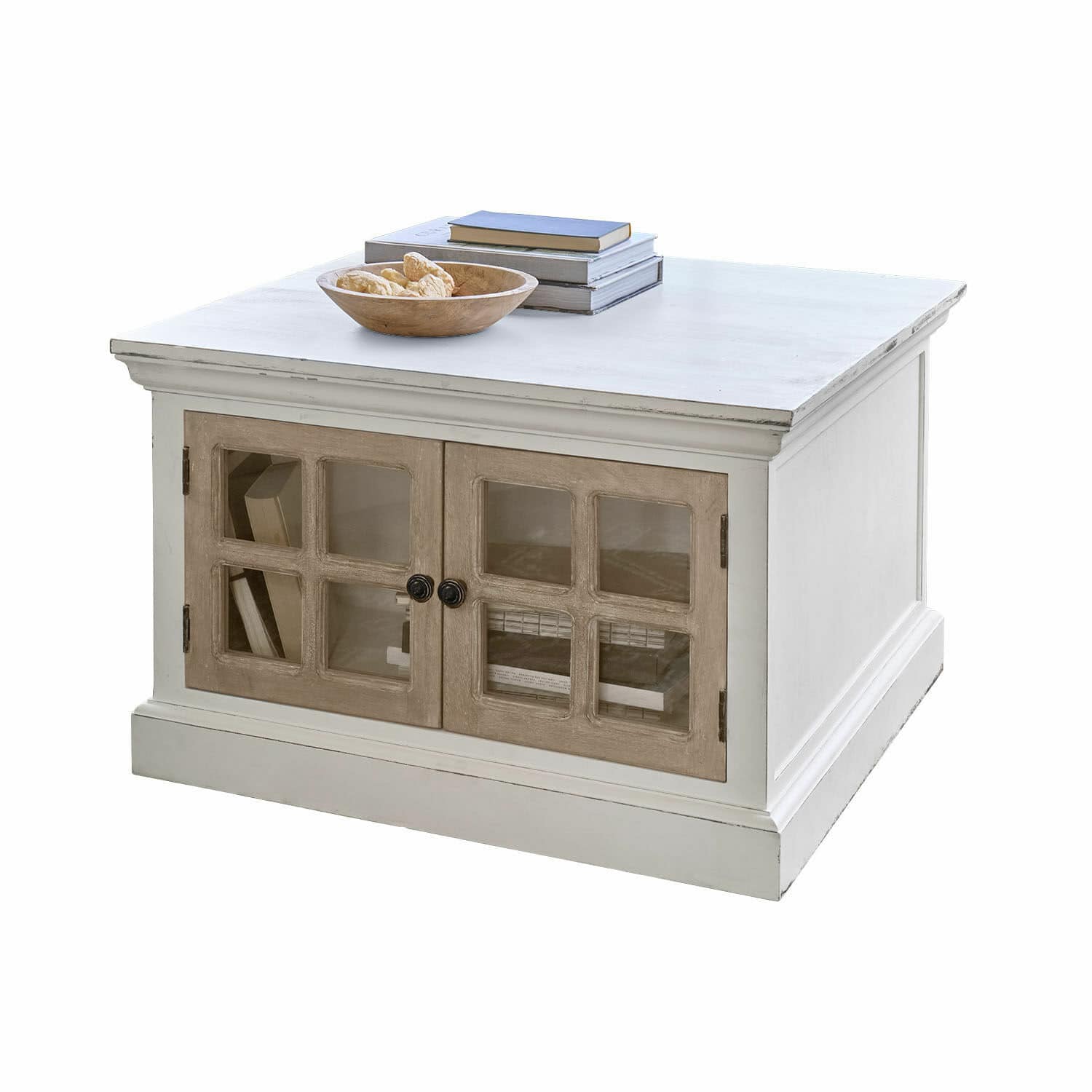 Couchtisch Marshwood Quadratischer weißer Holztisch mit Glastüren und dekorativer Schale auf Büchern