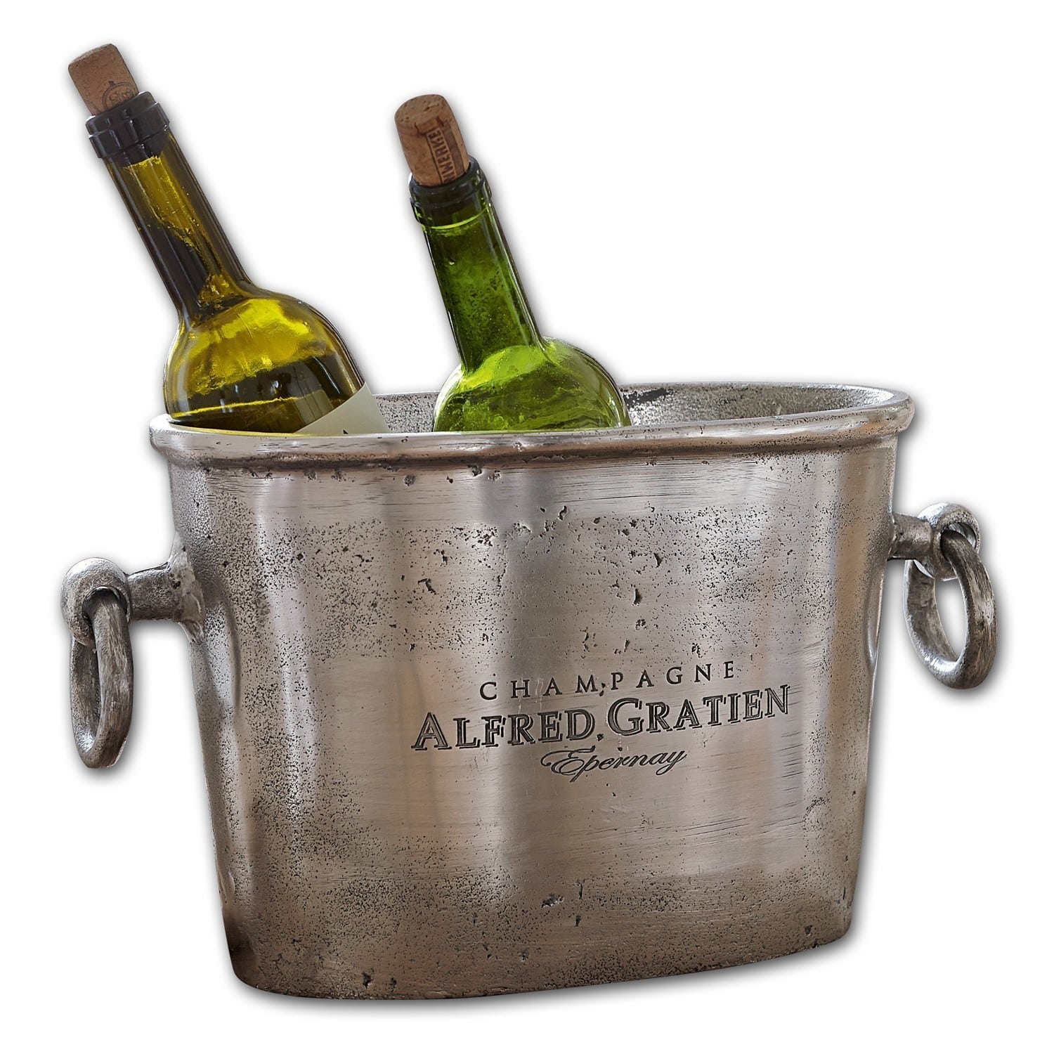 Sektkühler Alfred Metall Champagnerkühler mit Alfred Gratien Schriftzug, silberfarben mit zwei Weinflaschen und Korken
