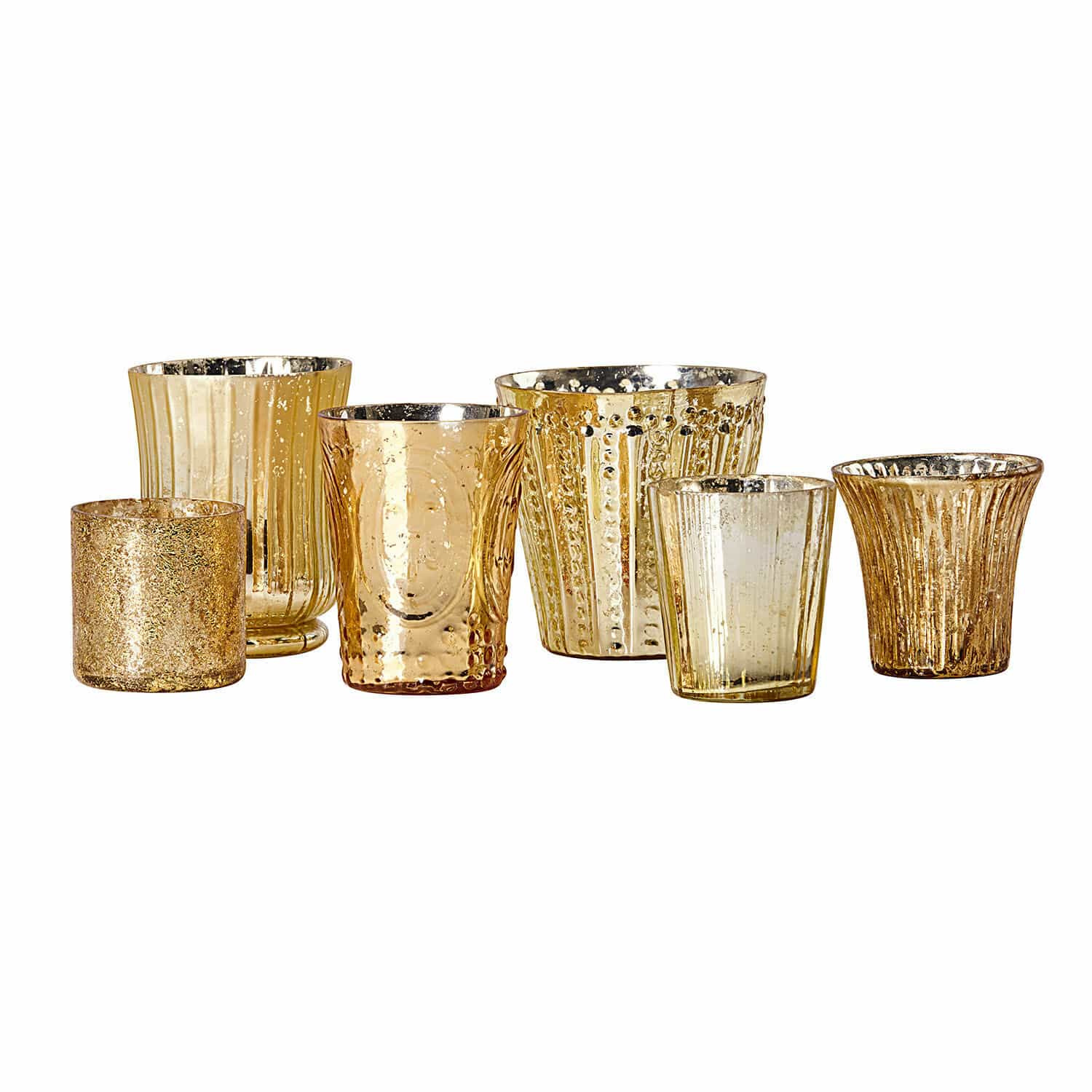 6-teiliges Set antiker Windlichter aus goldenem Glas mit verschiedenen Strukturen zur Dekoration