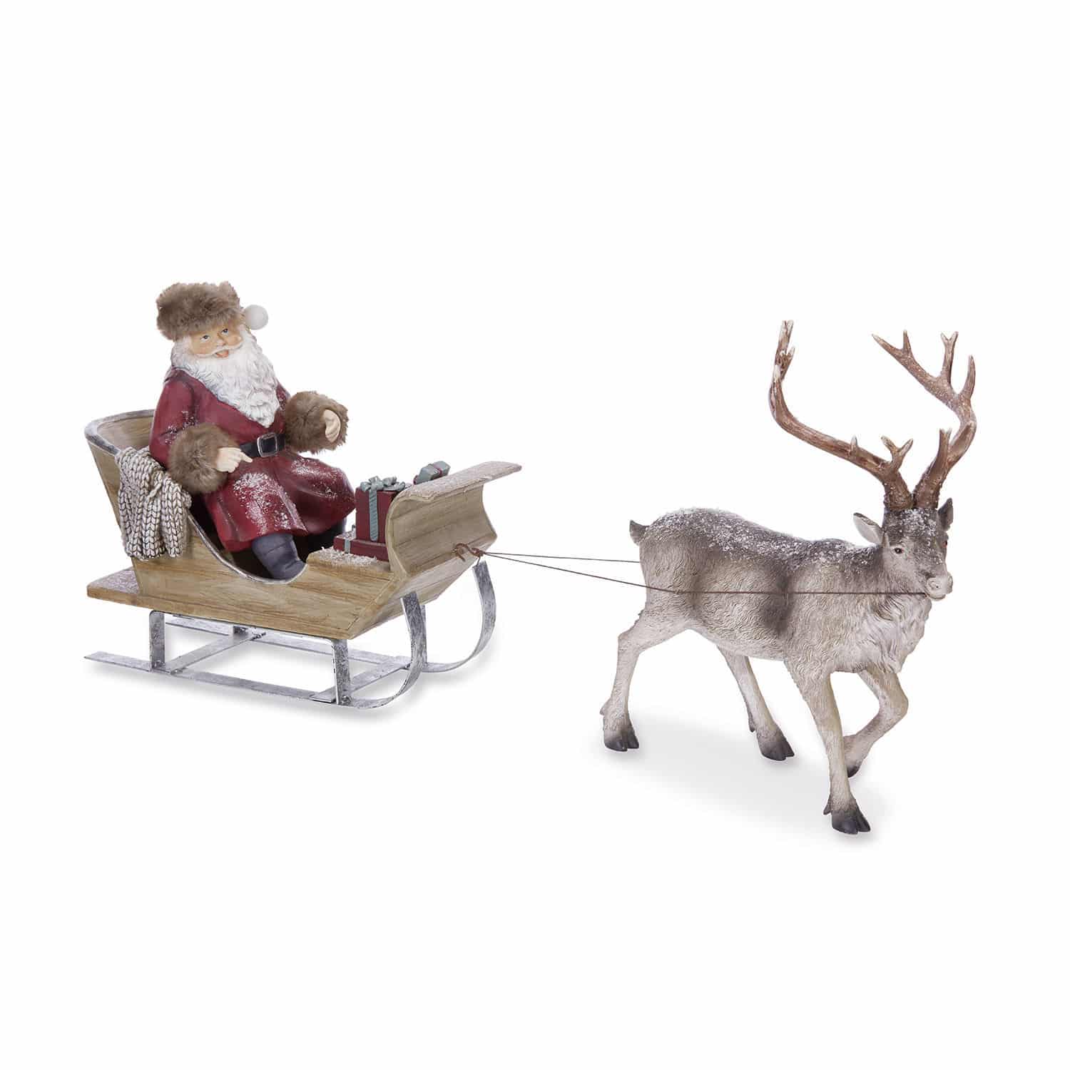 Weihnachtsschlitten Palaima Weihnachtsmannfigur mit rotem Pelzmantel auf Holzschlitten, gezogen von einem Rentier mit Geweih