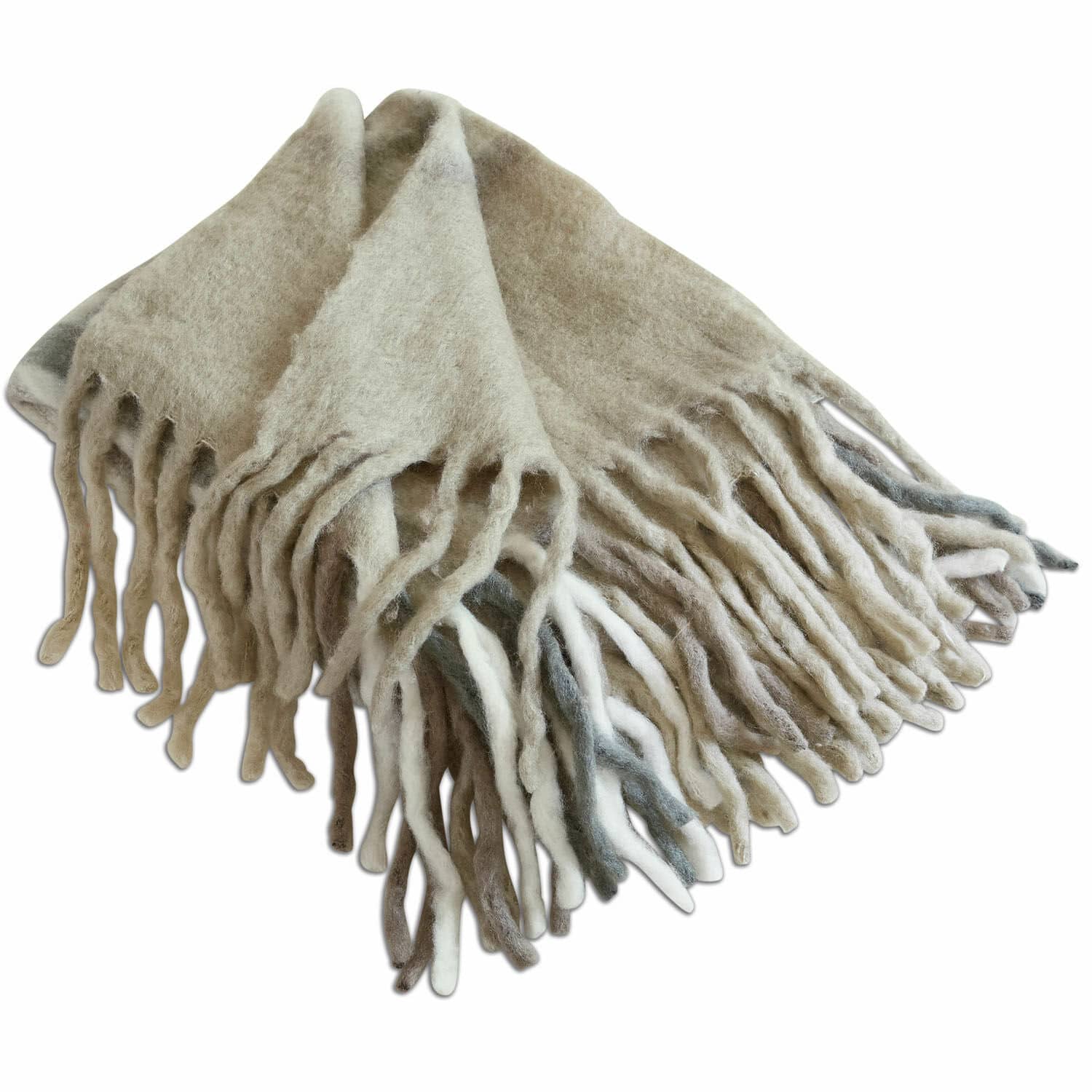 Plaid Klinas Weicher beiger Plaid aus Wollmischung mit Fransen, ideal für kalte Tage, dekorative Decke