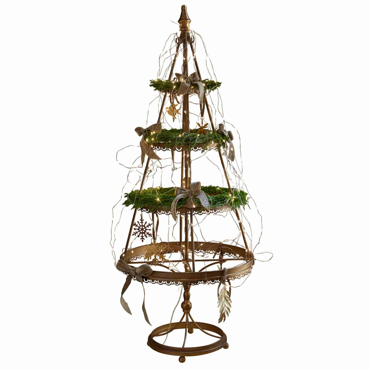 Deko-Baum Yolivine Metall-Weihnachtsdeko in Tannenbaumform mit grünen Kränzen und LED-Lichterkette