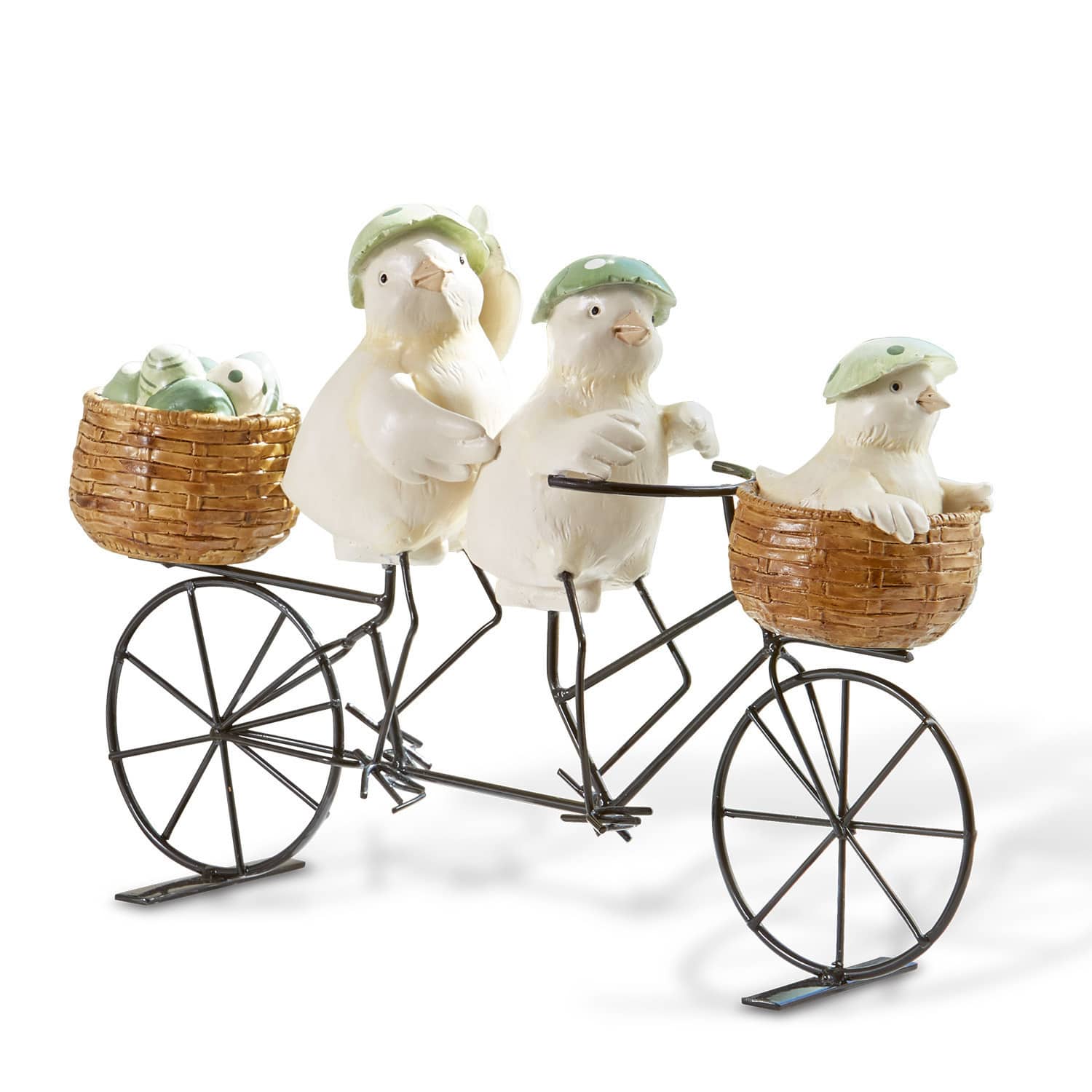 Küken Family Tour Metall- und Keramikdekoration mit drei weißen Vögeln auf Fahrrad, grünen Helmen und geflochtenen Körben