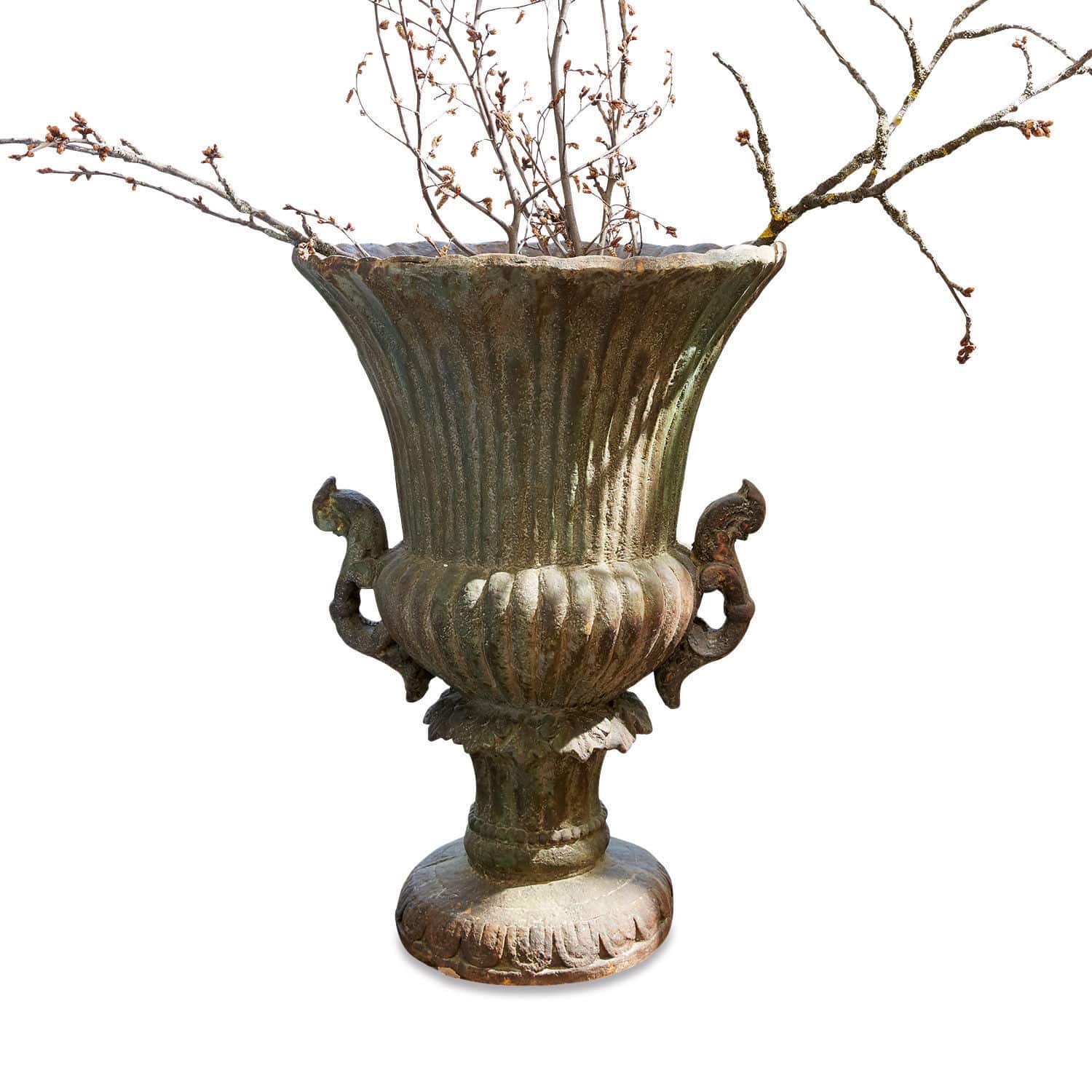 Amphore Estefanie Große dekorative Metallvase in patinagrün mit Zweigen als Deko für Haus und Garten