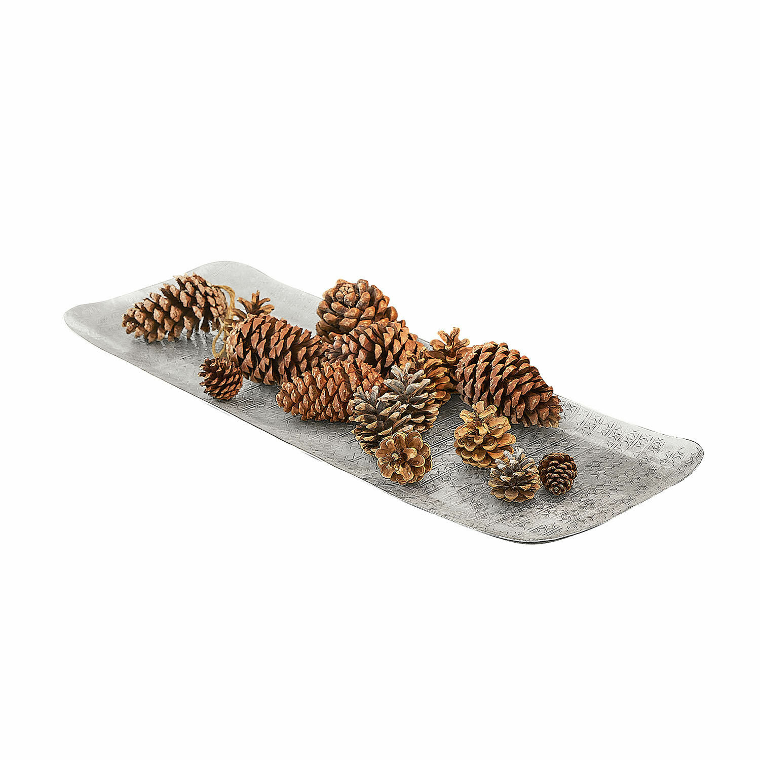Tablett Élodine Dekorative silberne Metallplatte mit natürlichen braunen Kiefernzapfen als Wohnaccessoire