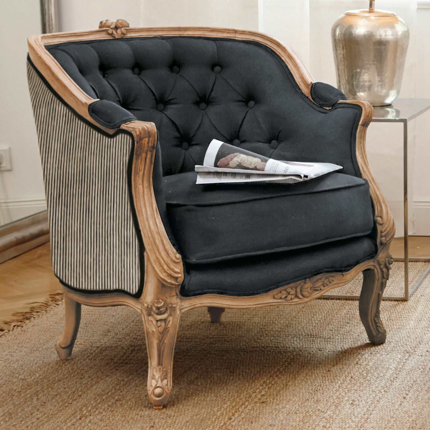 Sessel Annezay Klassischer Sessel mit Holzrahmen und schwarzem Stoffbezug, elegantes Wohnzimmermöbel