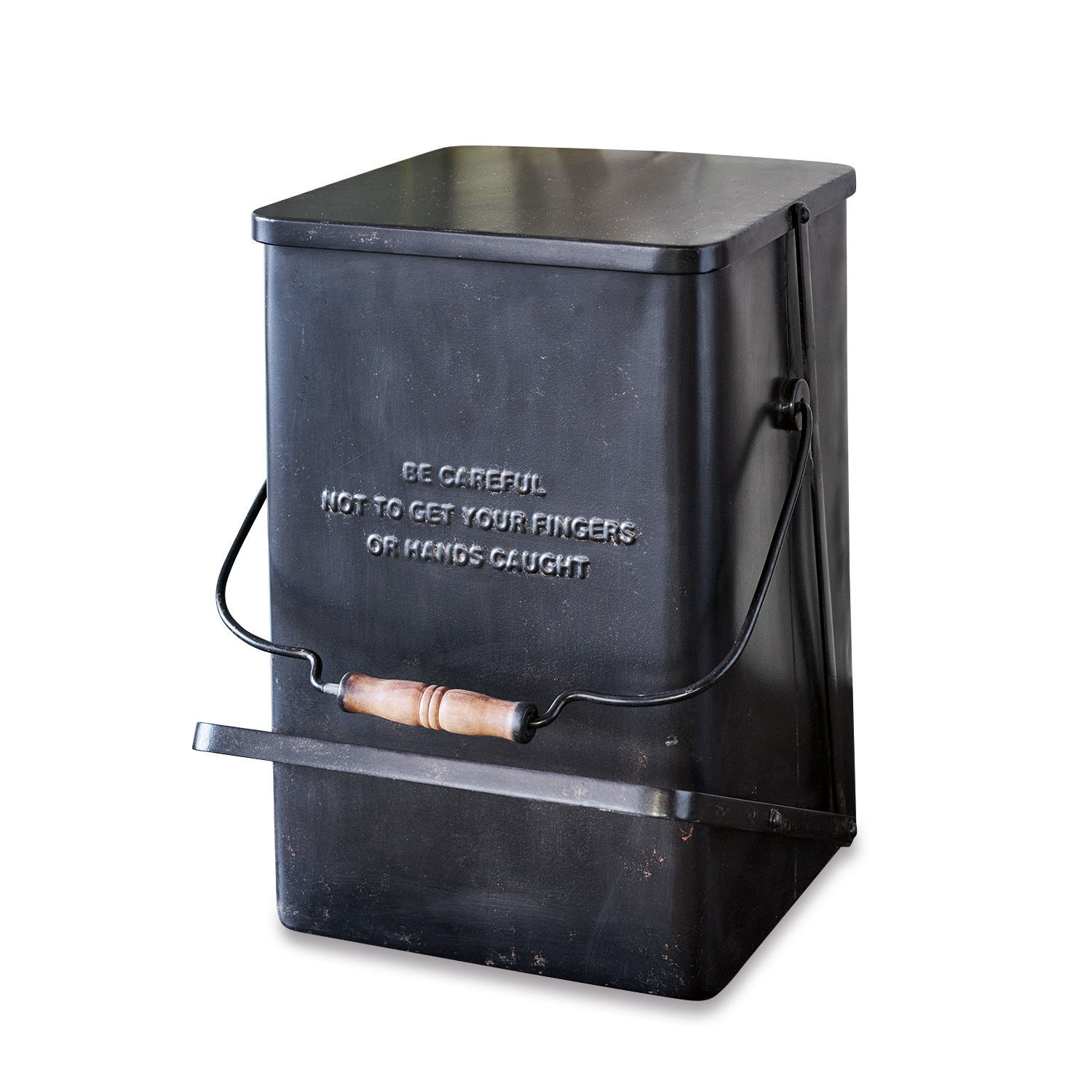 Antikschwarzer Metall-Abfalleimer Connoly mit Holzgriff und Vintage-Optik