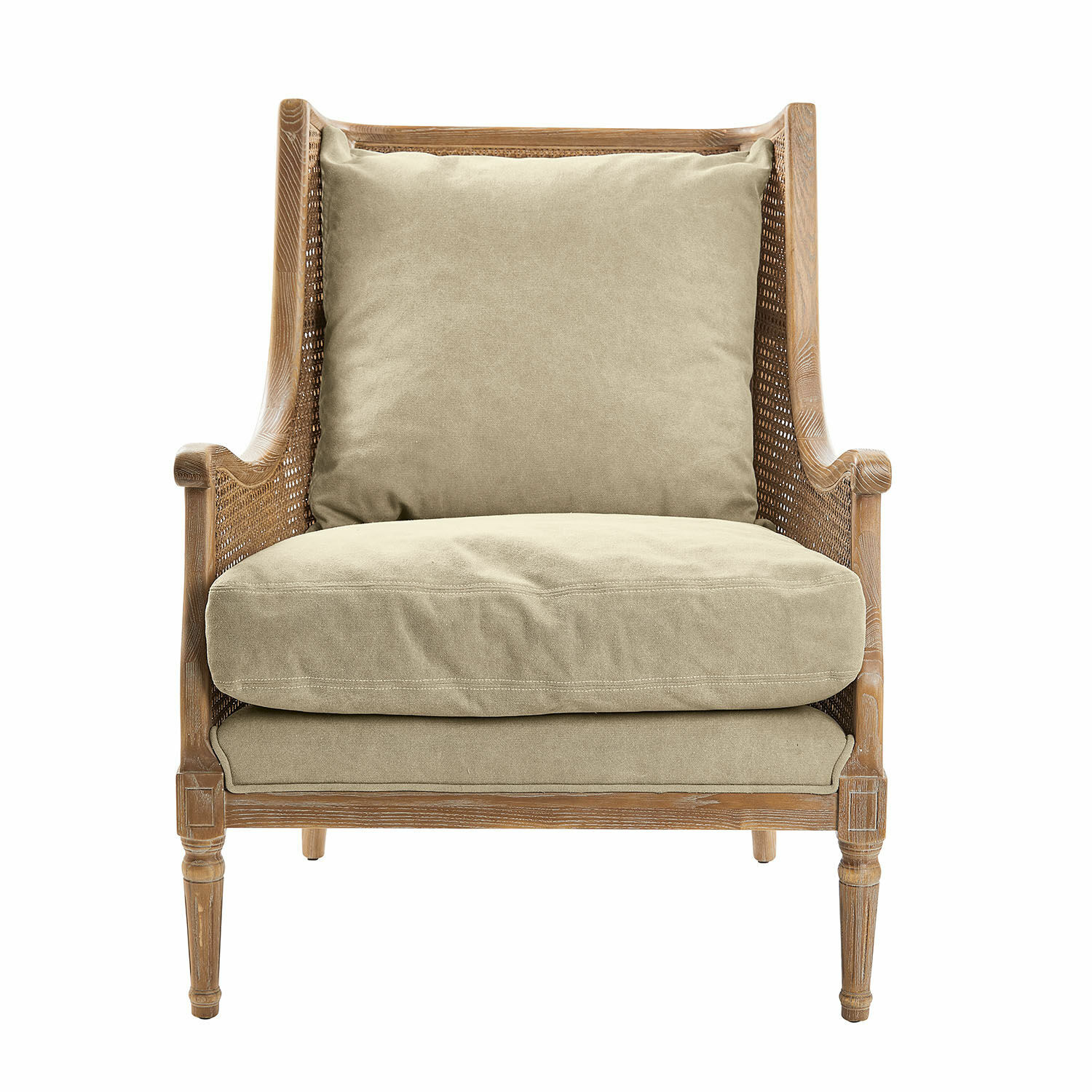 antikbraun/beige Sessel Greenbrier mit beigem Stoff und antikbraunem Holz, elegantes Wohnzimmermöbel