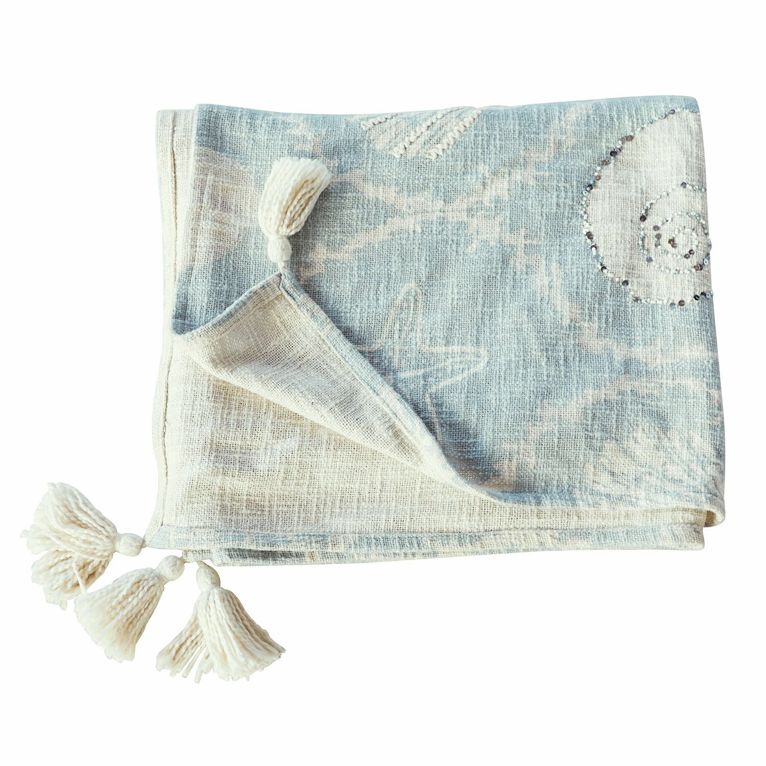 Plaid Calerand Hellblauer und cremefarbener Baumwollplaid mit Quasten und Muschelmotiv für Wohnraumdeko