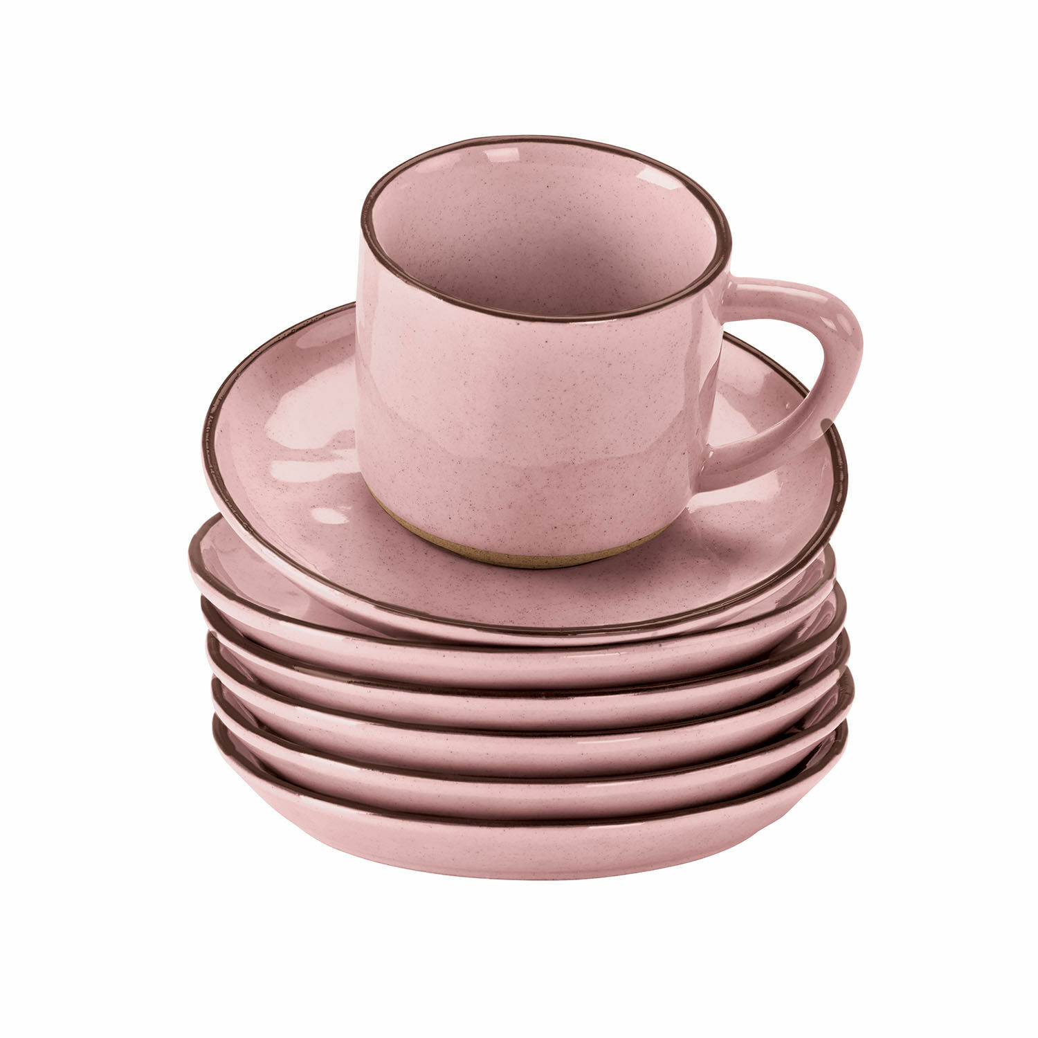 Tasse mit Untertasse 6er Set Biarré Rosa Keramik-Tassen- und Untertassenset mit braunem Rand für Kaffee und Tee