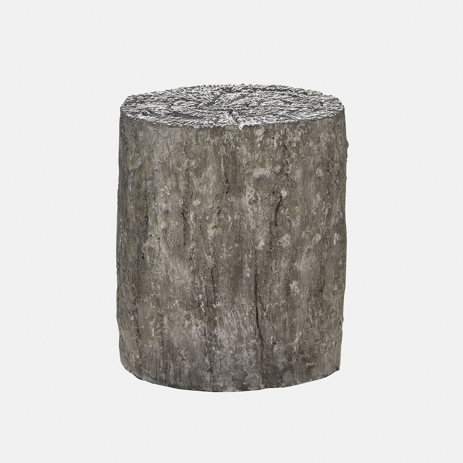 Beistelltisch Falmont Dekorativer Hocker in Baumstammform aus grauem Material mit Holzstruktur