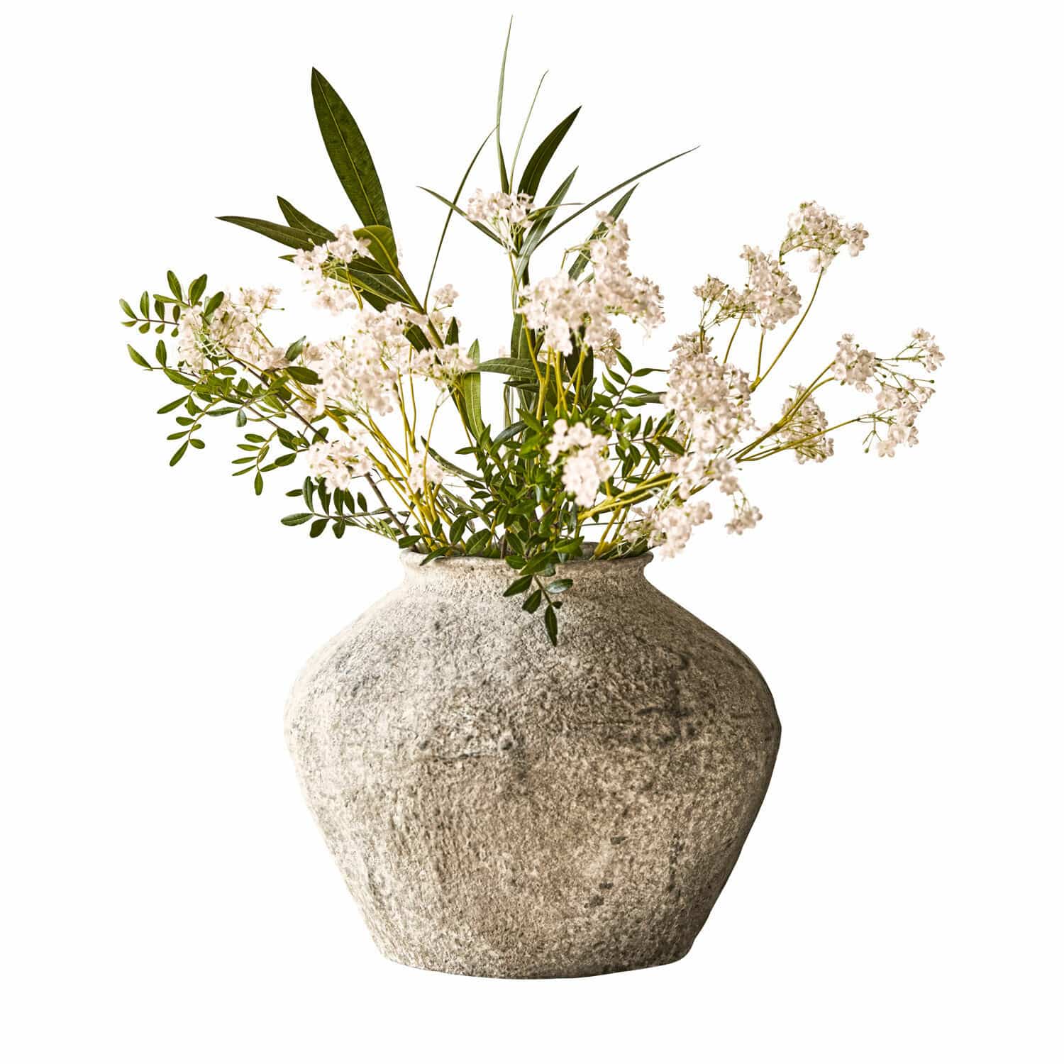 Vase Champs Dekorativer grauer Steinvase mit weißen Blumen und grünen Blättern für Wohnraumgestaltung