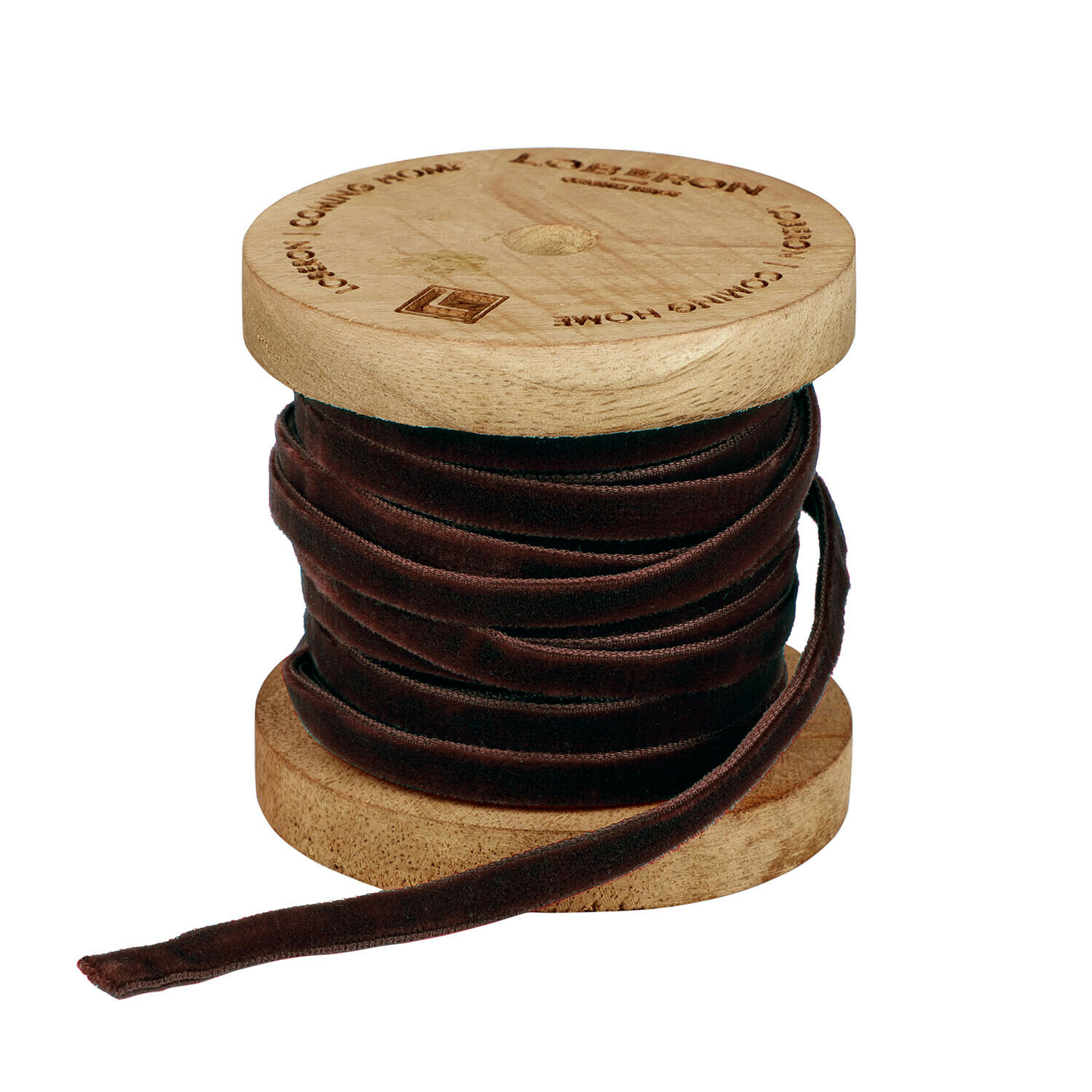 Braunes Samtband auf Holzspule, ideal für Dekoration und Bastelarbeiten