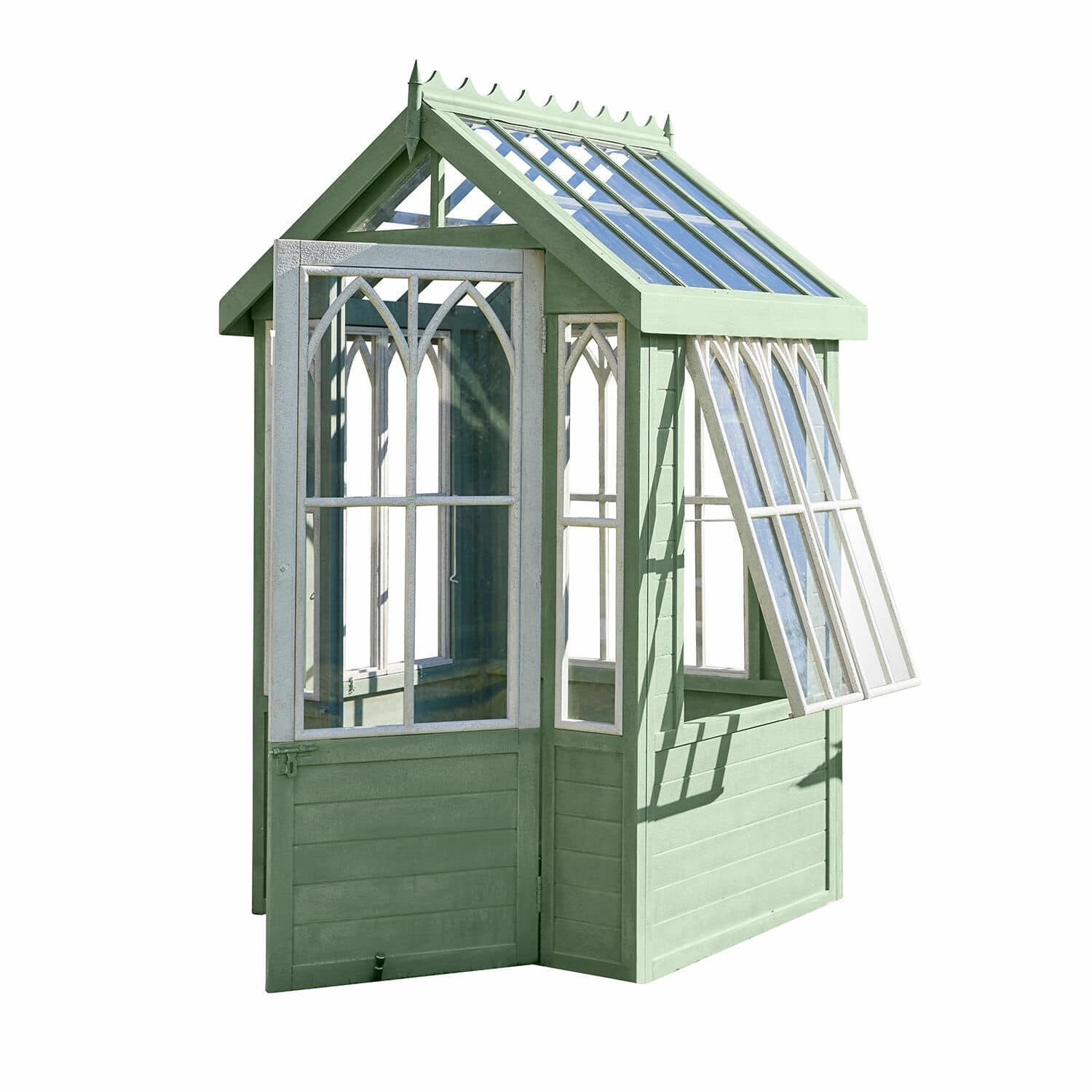 Gartenhaus Anyós Kleines Gartenhaus aus grünem Holz mit weißen Fenstern und aufklappbarem Fenster