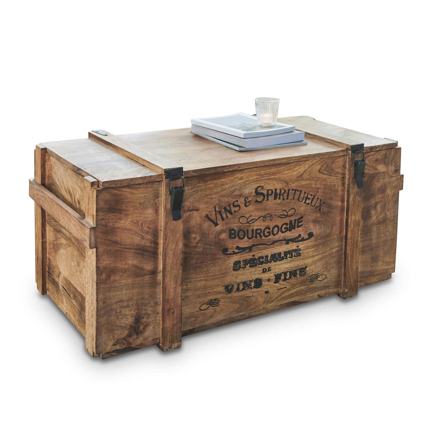 Truhe Eskeny Dekorative Holzkiste mit Metallverschlüssen und französischem Schriftzug, natürliche Holzfarbe