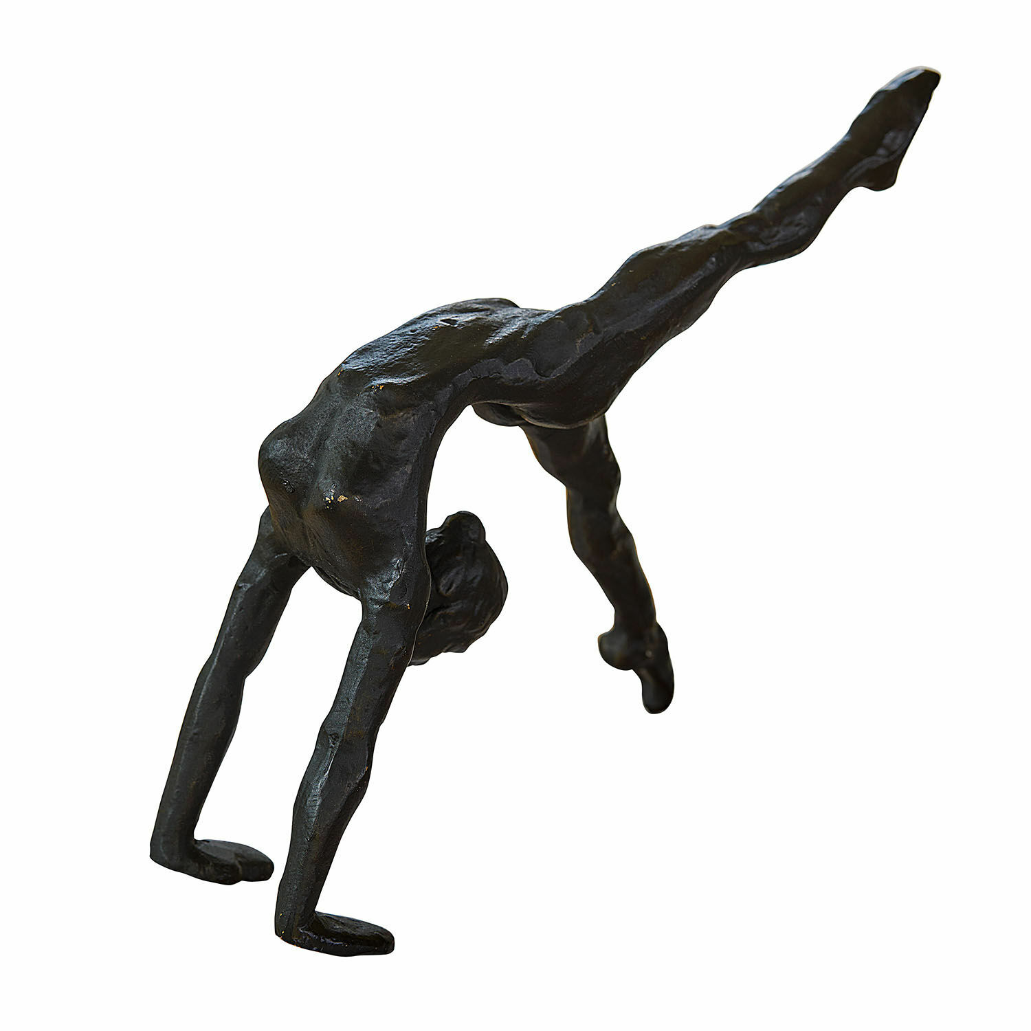 Schwarze Metallskulptur einer Figur in Handstandposition als Dekoobjekt