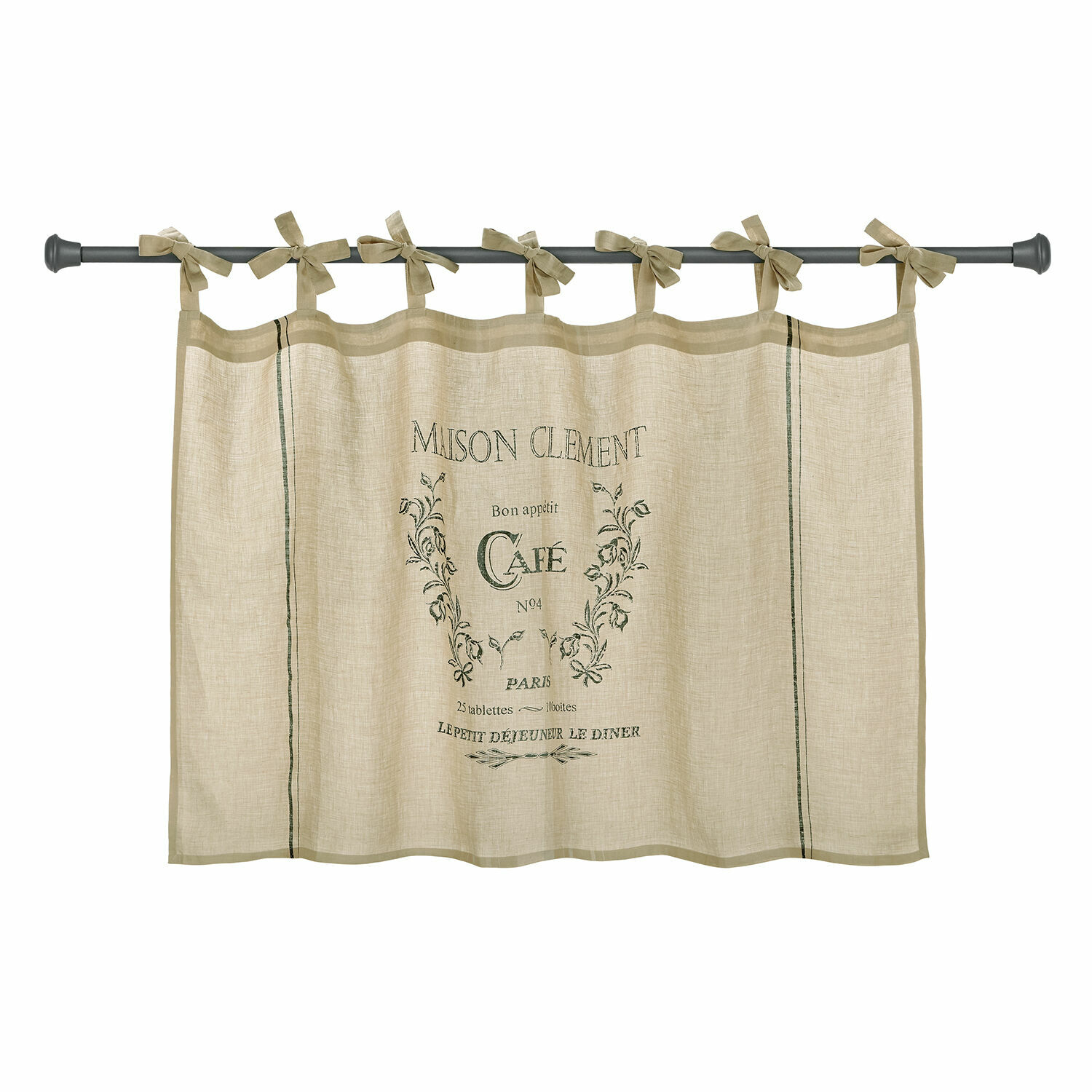 Scheibengardine Girest Beige Leinenvorhang mit Café-Druck und Schlaufen zum Binden für die Küche