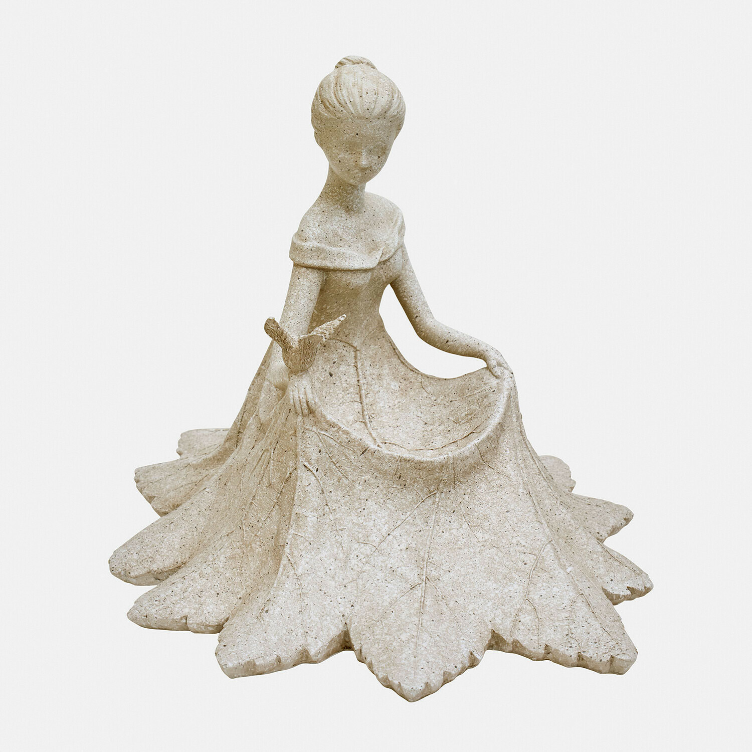 Deko-Figur Finnedra Figur aus hellem Stein einer Frau mit blattförmigem Kleid und Vogel auf der Hand, Gartendekoration