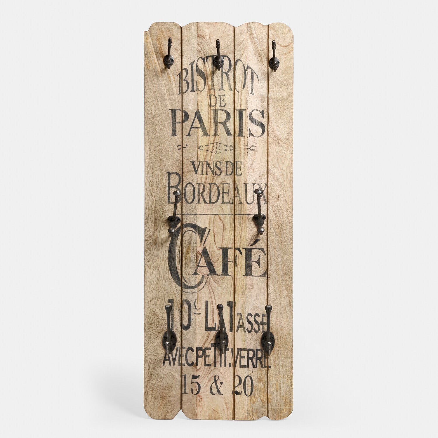 Hakenboard Frélomane Wandgarderobe aus hellem Holz mit schwarzen Metallhaken und französischem Vintage-Schriftzug
