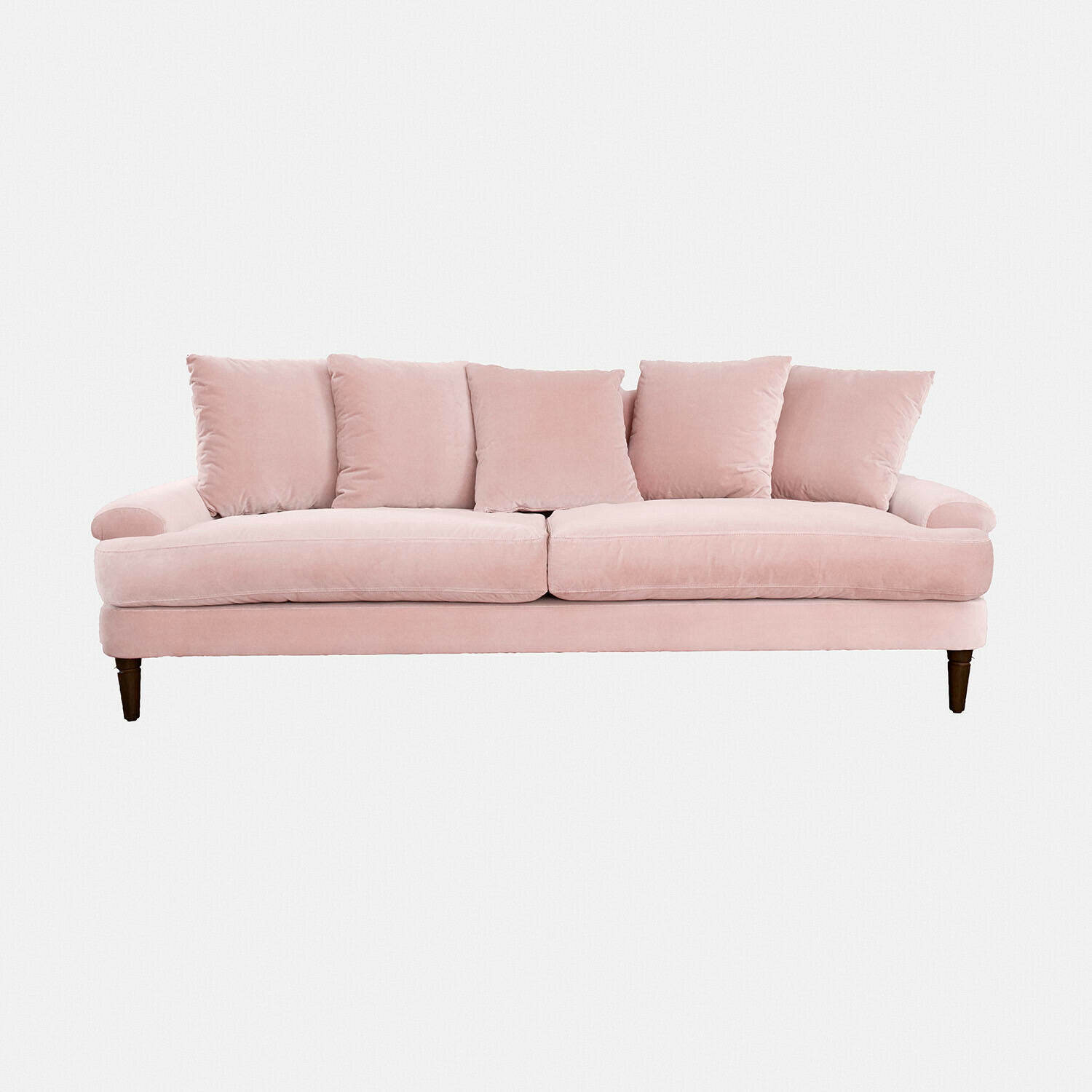 Sofa Rivermere Rosa Samtsofa mit fünf Kissen und Holzbeinen, gemütlich für das Wohnzimmer