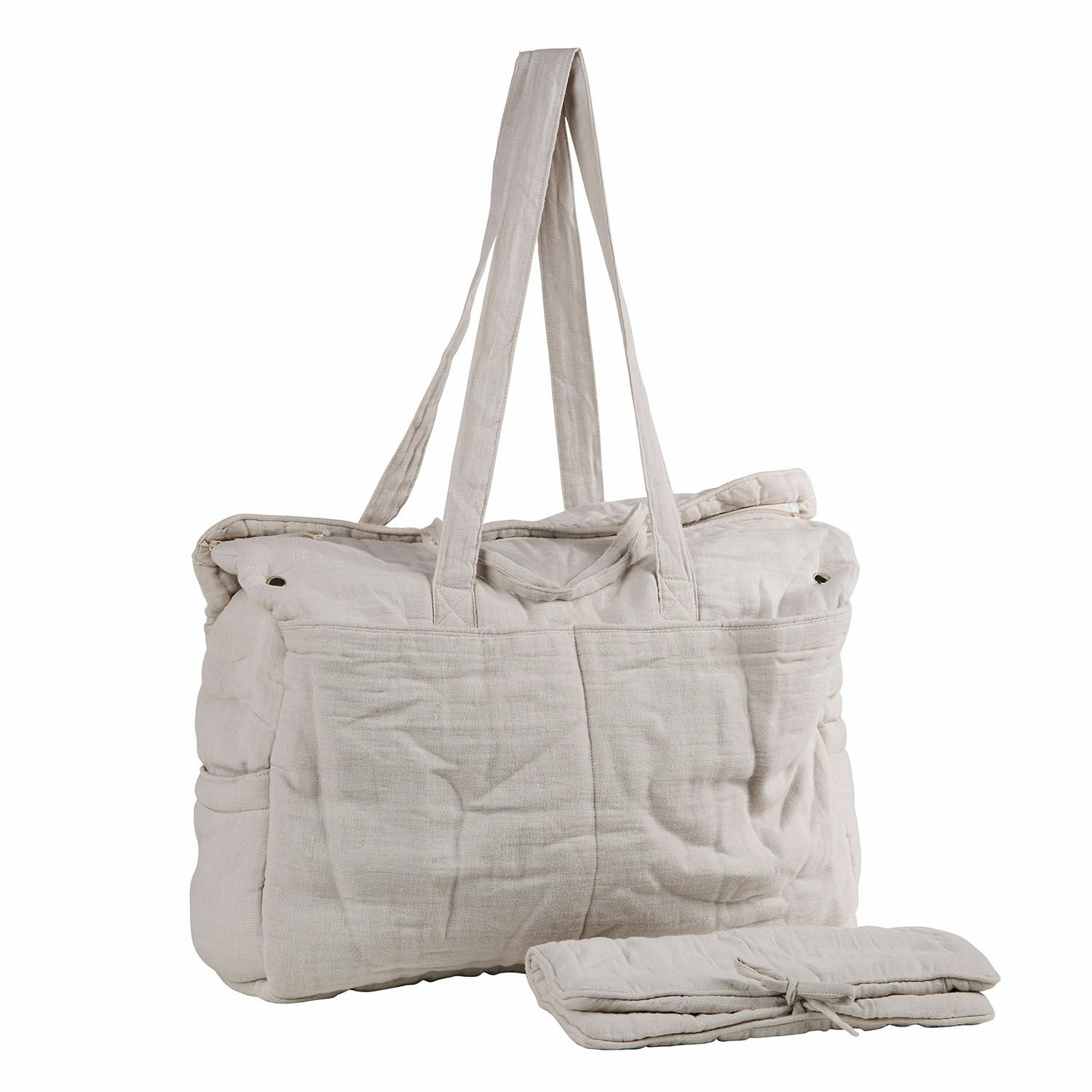 Wickeltasche Mireval Beige Stofftasche mit langen Henkeln und gefaltetem Element daneben, praktische Reisetasche
