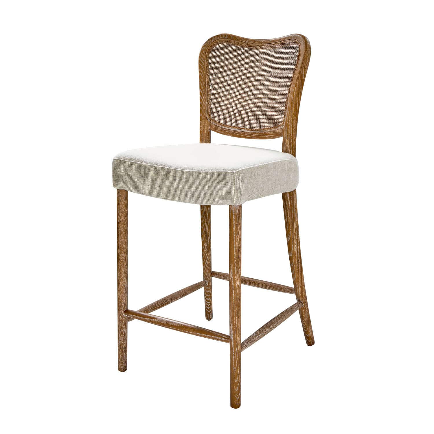 Barhocker aus Holz mit beige gepolstertem Sitz und geflochtenem Rückenlehne