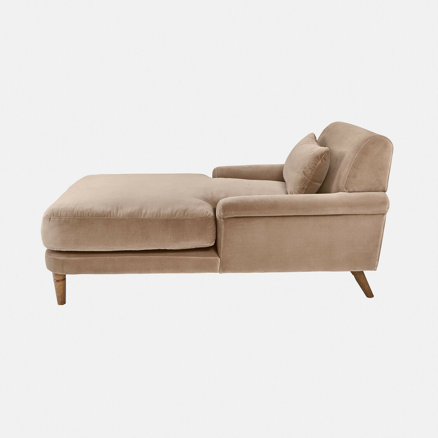 beige Beige Chaiselounge aus weichem Stoff mit Kissen und Holzbeinen für gemütliche Entspannung