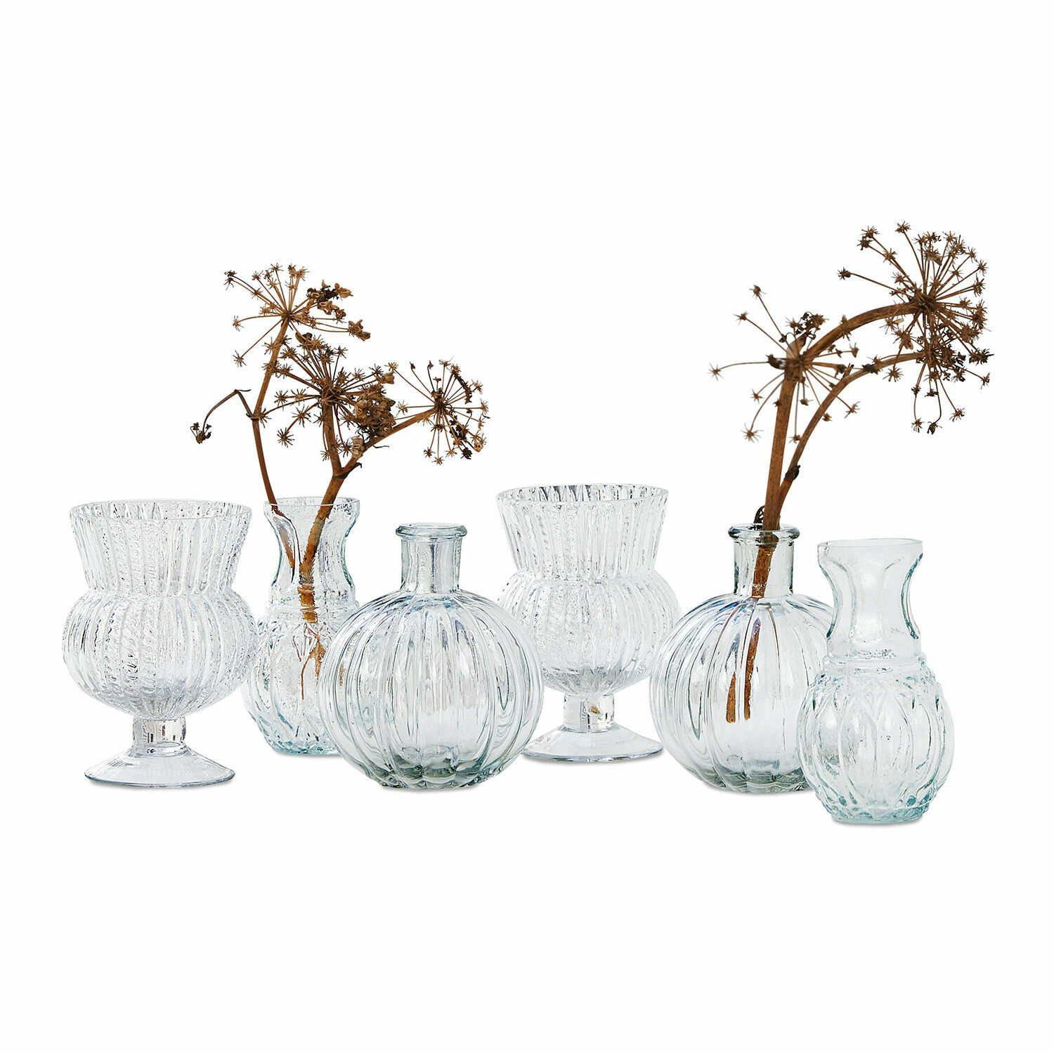Vase 6er Set Amber Sechsteiliges Set aus transparenten Glasvasen mit getrockneten Blumen als Tischdekoration